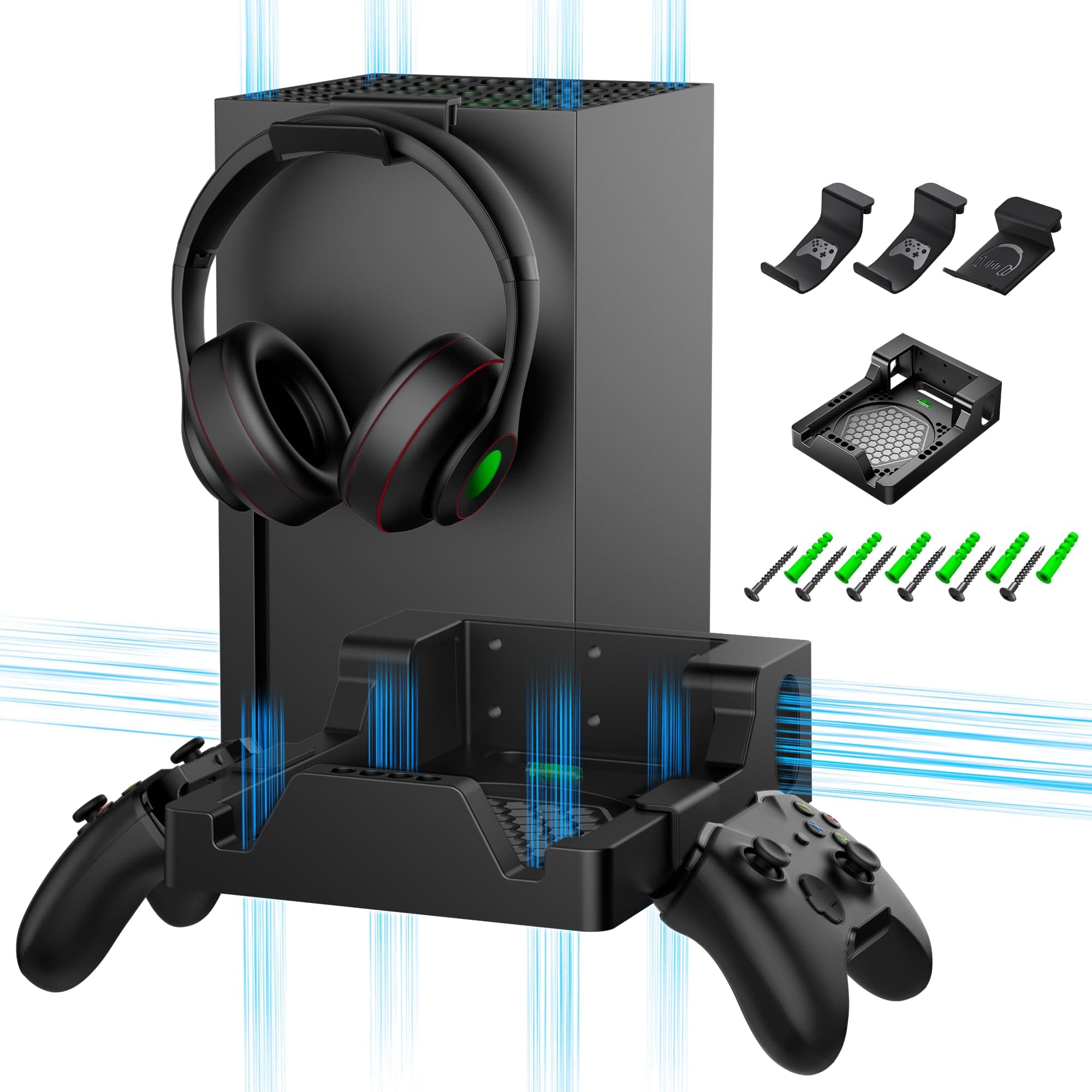 Wall Mount for Xbox Series X - with 2 Controller Holders and 1 Headphone Stand, Wall Mount Kit for Xbox Series X Accessories, Dual Ventilation Design Wall Shelf, Place Console Front Facing