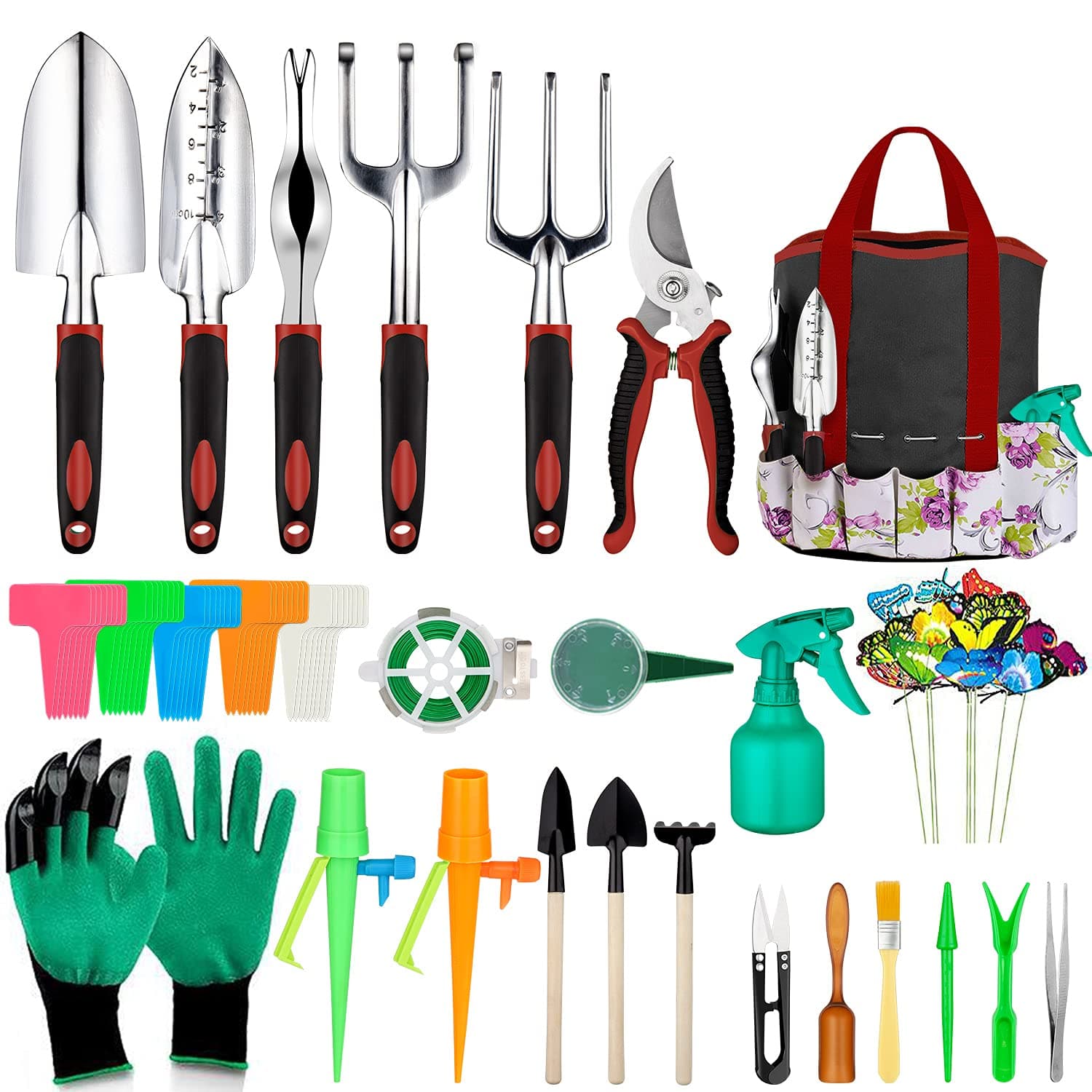Garden Tools Set 83 Piece Succulent Tools Set Included, Heavy Duty Aluminum Gardening Tools for Gardening, Ergonomic Handle Tools, Durable Storage Tote Bag, Gifts Tools for Men Women (Red)