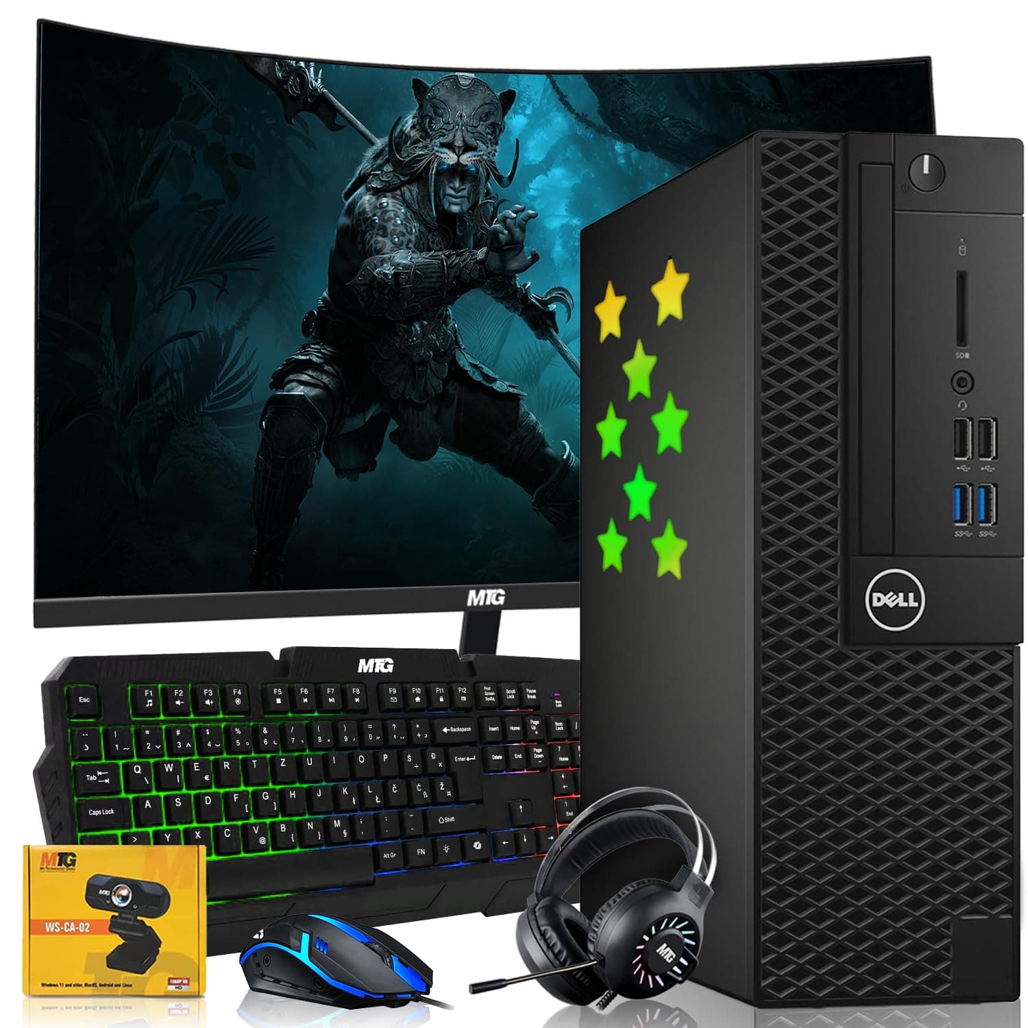 Dell Desktop PC Gaming Bundle - Core i7, 16GB RAM, 512GB SSD, 27-inch Curved Monitor, GT 730, RGB Keyboard with AI-Enabled Copilot Key, Mouse, RGB Headphone, Webcam, Wi-Fi, Win 11 Home (Renewed)