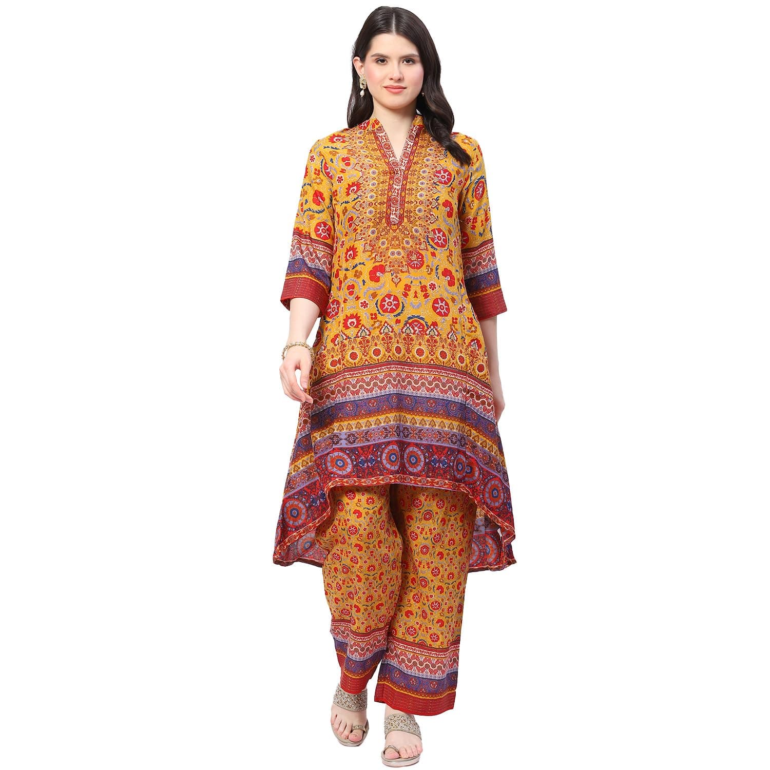 Women Polyester Asymmetric Kurta Palazzo Suit Set
