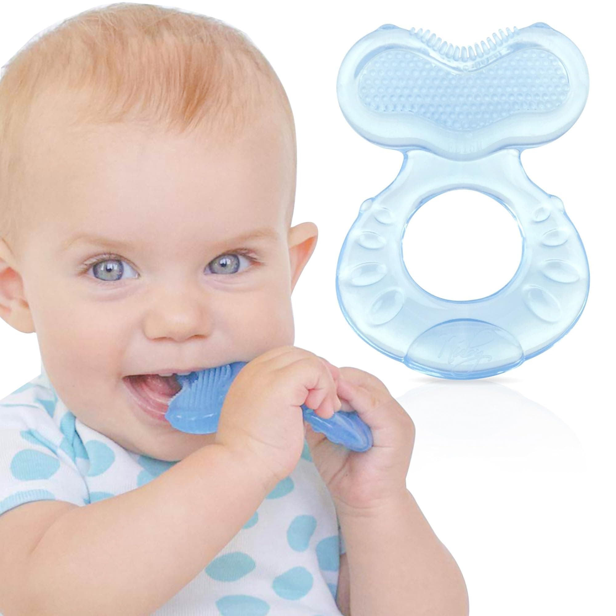 Nuby Silicone Teethe-EEZ Teether with Bristles, Includes Hygienic Case, Blue
