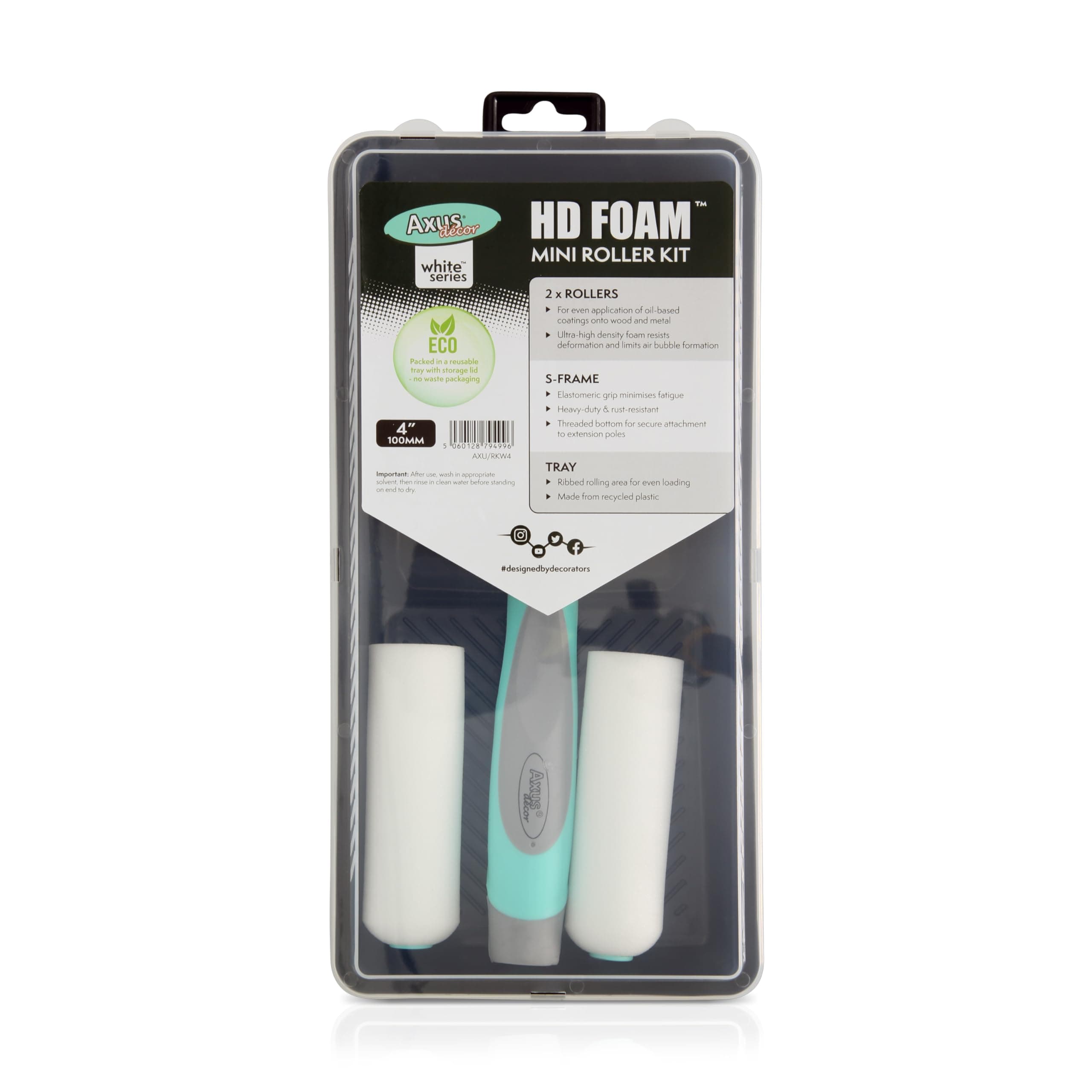 Axus Decor Hd Foam 5Pc Roller Kit (White Series) Paint Roller Sleeves (2 Pcs), with Paint Roller Tray & Frame, Roller Sleeves, Use with Oil Based Paints & Varnishes, for Professional & DIY - 4"/100mm