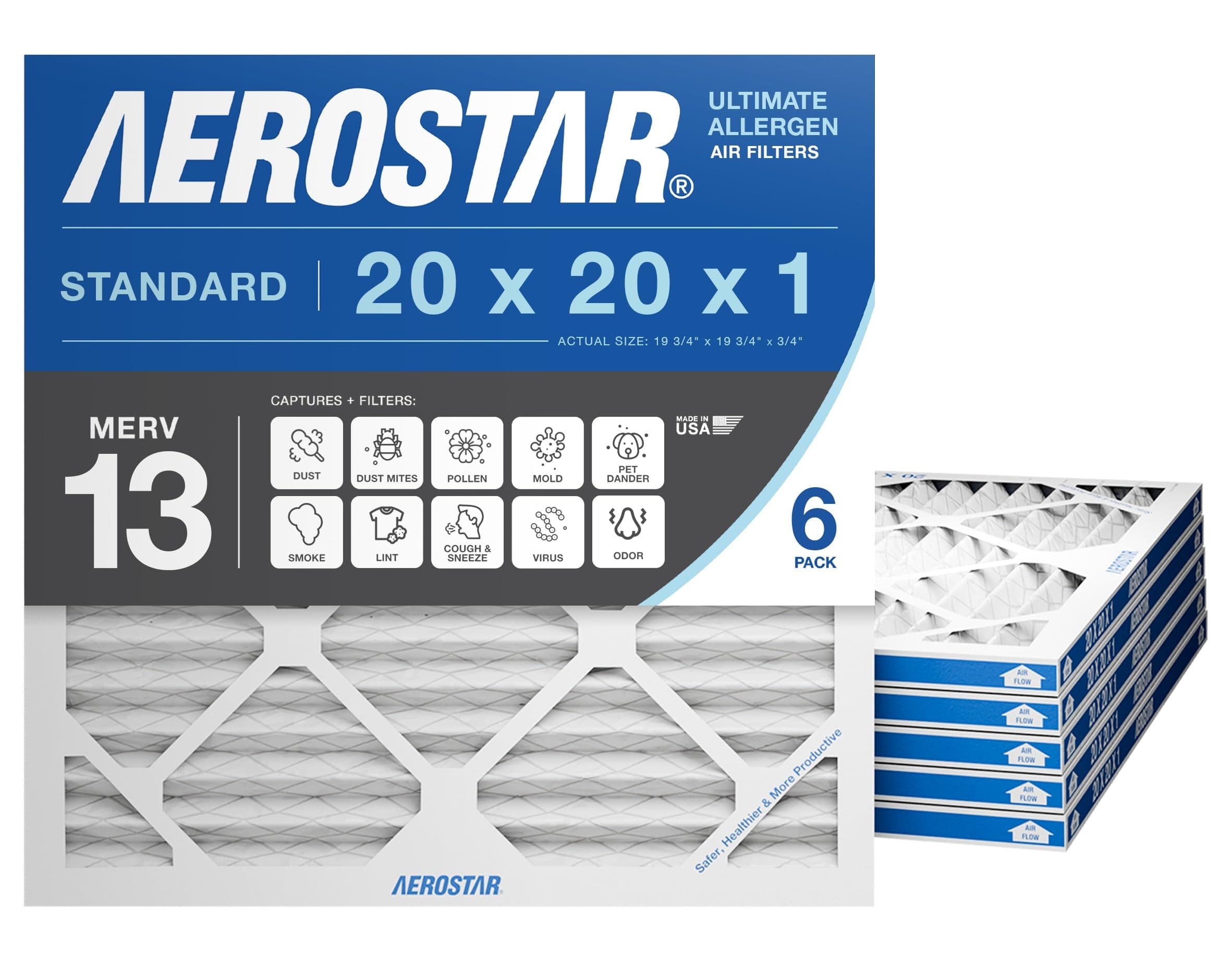 Aerostar 20x20x1 MERV 13 Air Filter, 6 Count, ACTUAL SIZE (19.75 x 19.75 x 0.75), HVAC, Air Conditioning & Furnace Filter for Allergies, Dust, Pet Dander & Smoke (MPR 1500 / FPR 10), Made in USA