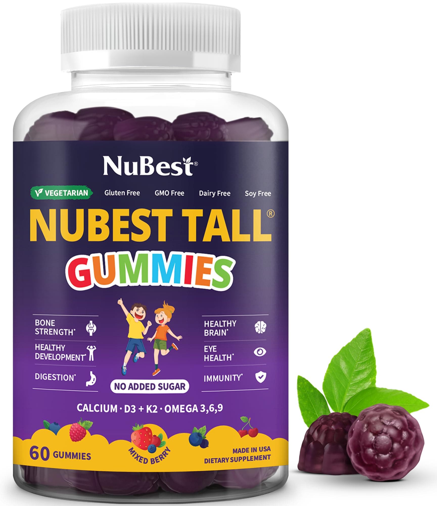 - Tall Gummies for Kids Age 2+ & Teens | Bone Strength, Immunity, Digestive Health with Calcium, Vitamin D3, K2, B Complex, Magnesium, Zinc | 20+ Vitamins Berries Gummies, No Added Sugar
