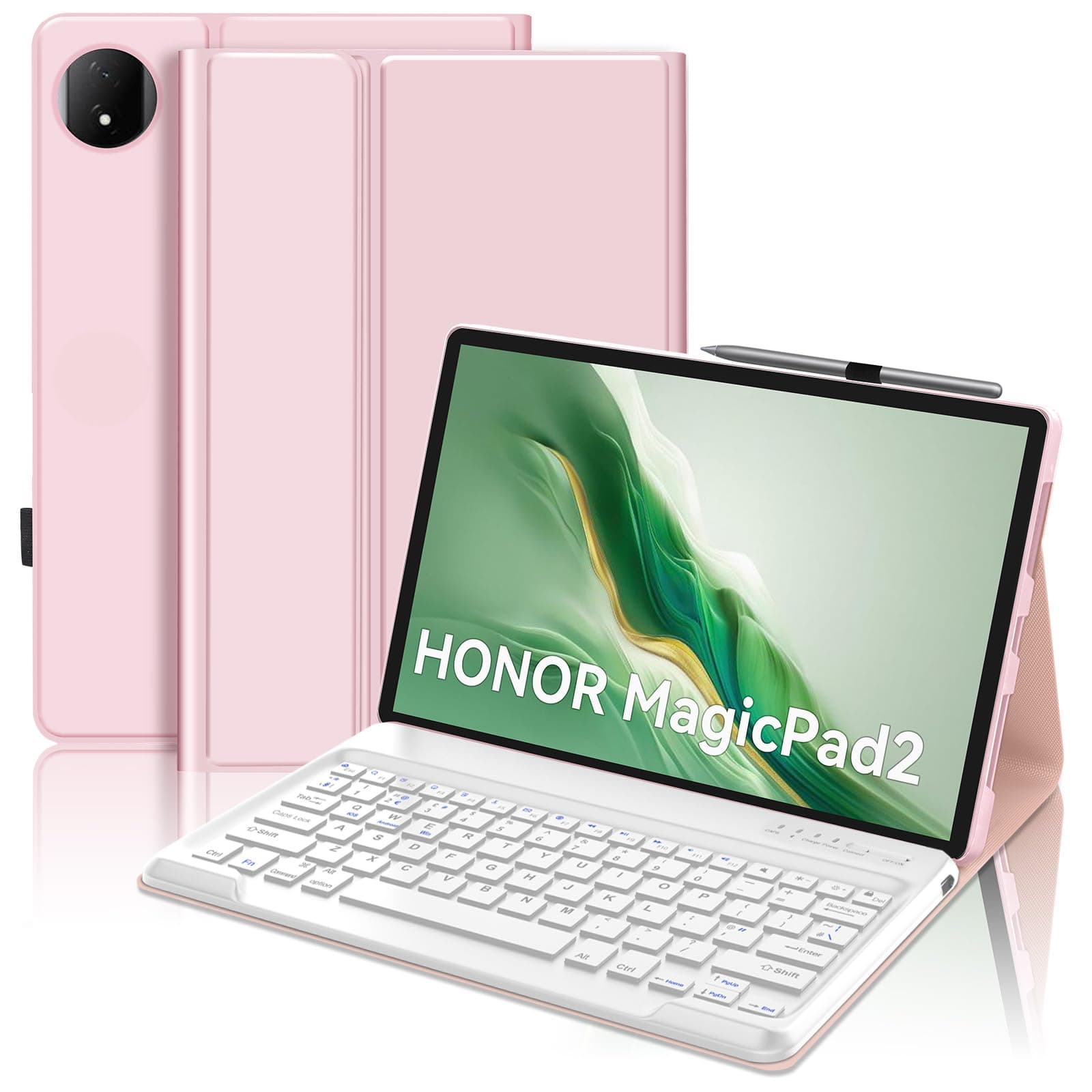 JADEMALL Keyboard Case for Honor MagicPad 2 12.3", Wireless Magnetic Detachable Bluetooth Keyboard(UK Layout), Premium PU Leather Cover with Pencil holder for HONOR MagicPad 2 12.3-inch Tablet, Pink