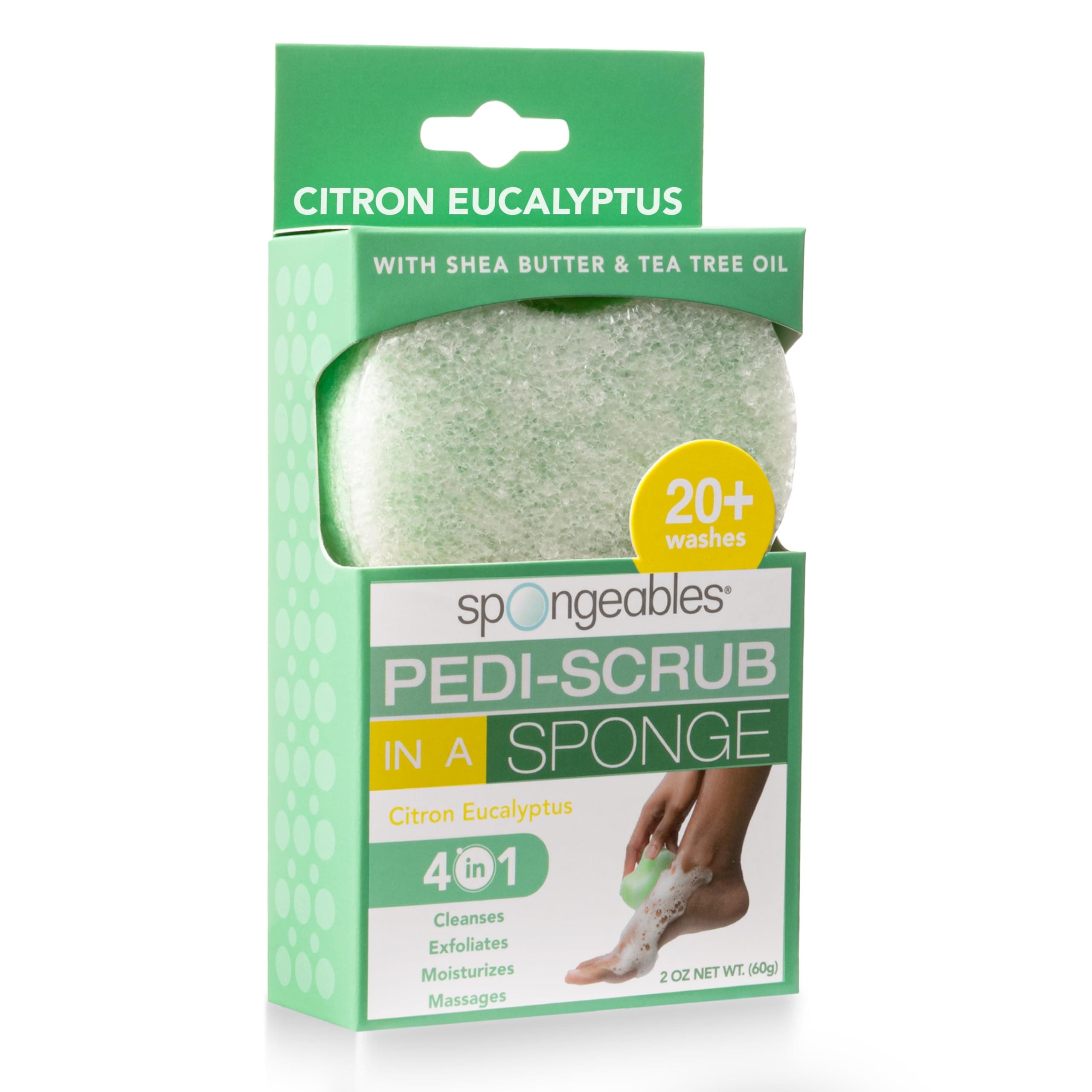 Spongeables Pedi-Scrub Foot Exfoliating Sponge with Heel Buffer and Pedicure Oil, Citron Eucalyptus, Contains Shea Butter & Tea Tree Oil, 5+ Washes, Green