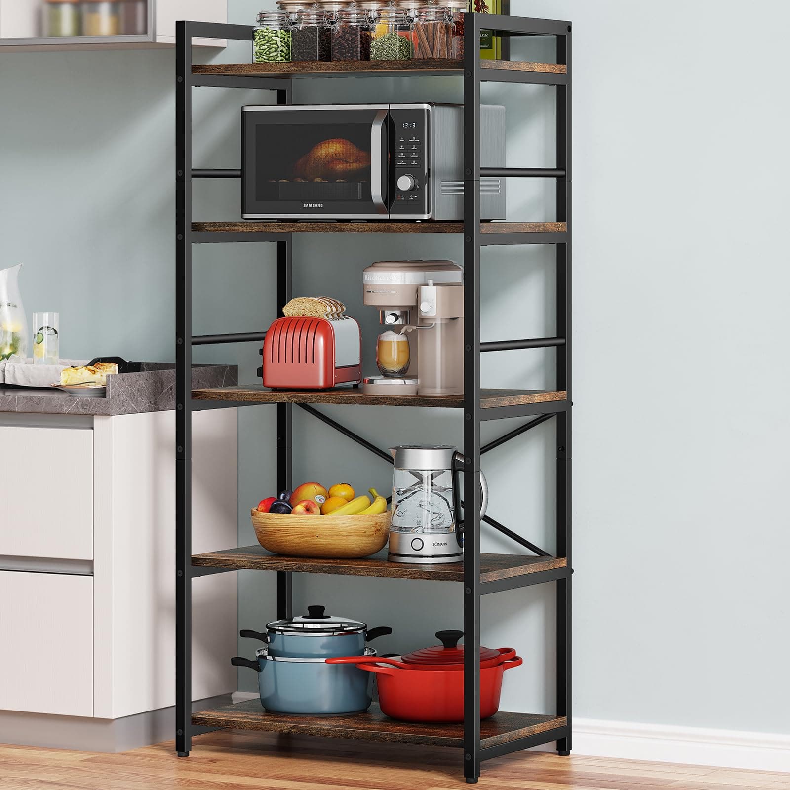 Denkee 5-Tier Bakers Rack for Kitchen with Storage, Industrial Microwave Stand Shelf, Coffee Bar for Small Spaces, Free Standing Kitchen Storage Shelf Rack, 23.7" L x 15.8" W x 60.3" H