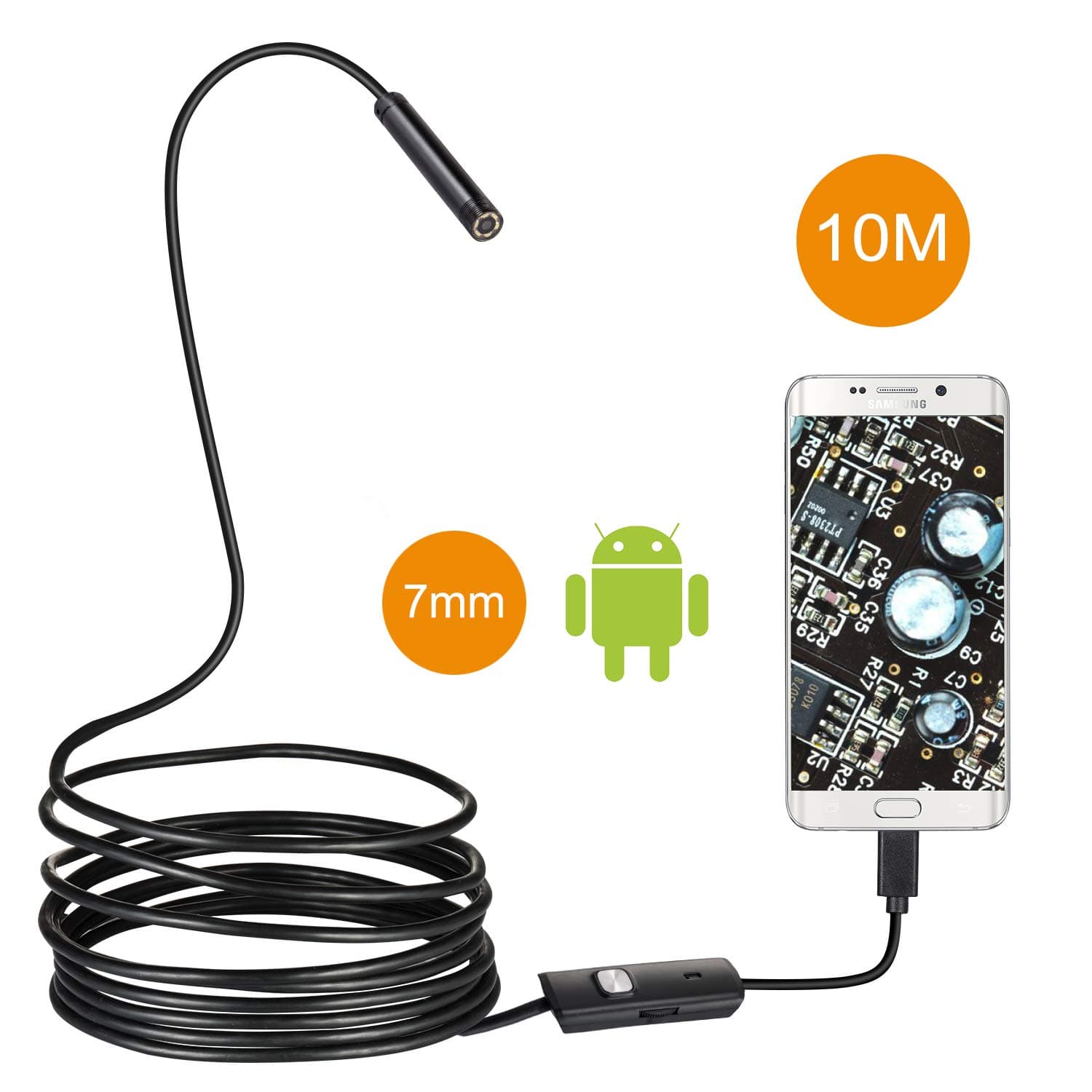 USB Endoscope Camera, Smartphone Android Snake Borescope Inspection Camera Micro USB Port 7mm lens 10m Flexible Cable HD Camera IP67 Waterproof 6 Adjustable LEDs For Android&PC (7mm-10M)