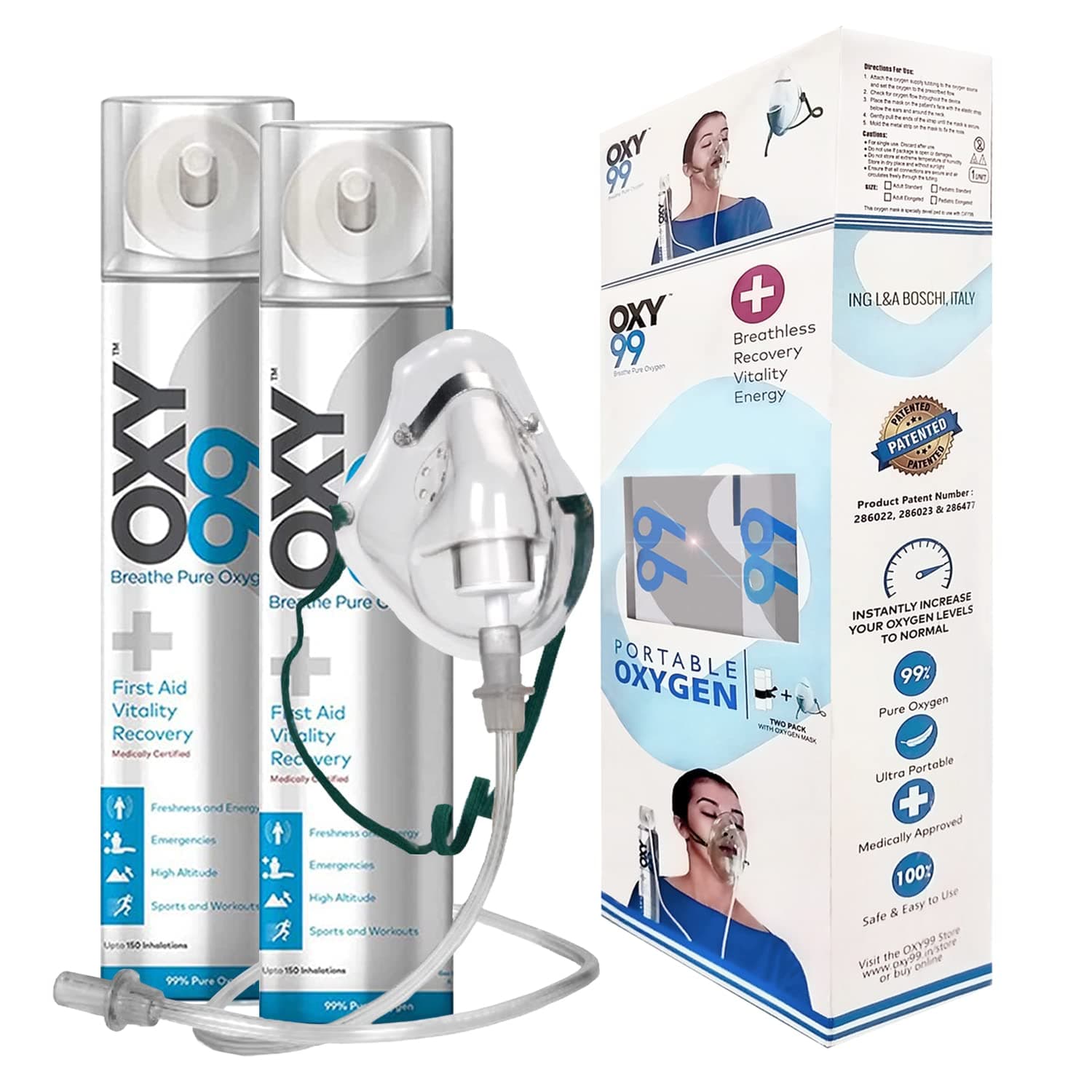 OXY99 Light Weight Oxygen Cylinders 2 Cans with mask, Oxygen Cans for Travelling, Trekking High Altitude | Home Use for Patient | Emergency Use| Adventures Sports