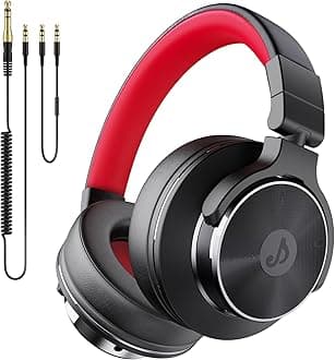 RumoonWired Over Ear Headphones, Studio Monitor & Mixing DJ Headphones with 50mm Neodymium Drivers and 1/4 to 3.5mm Jack for Guitar AMP Podcast Piano Keyboard (Black-Red)