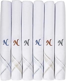Caruso ItalyMen's Personalized Initial Monogram Handkerchief (A-Z) Embroidered 100% Pure Cotton Pocket Square, Elegant Soft and Absorbent for Everyday Use or Gift, White, 46 x 46 cm, pack of 6