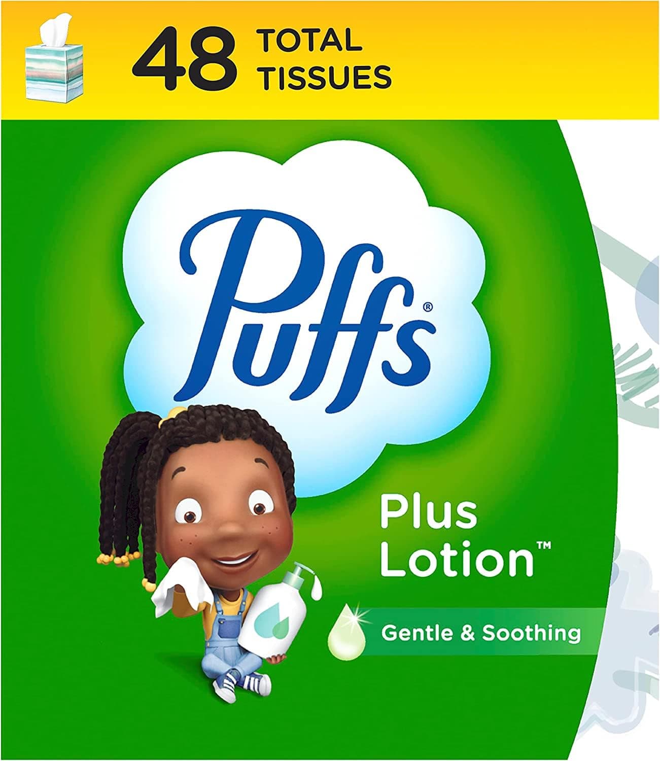Puffs Plus Lotion Facial Tissue, 1 Cube Box, 48 Tissues per Box, Allergies and Colds
