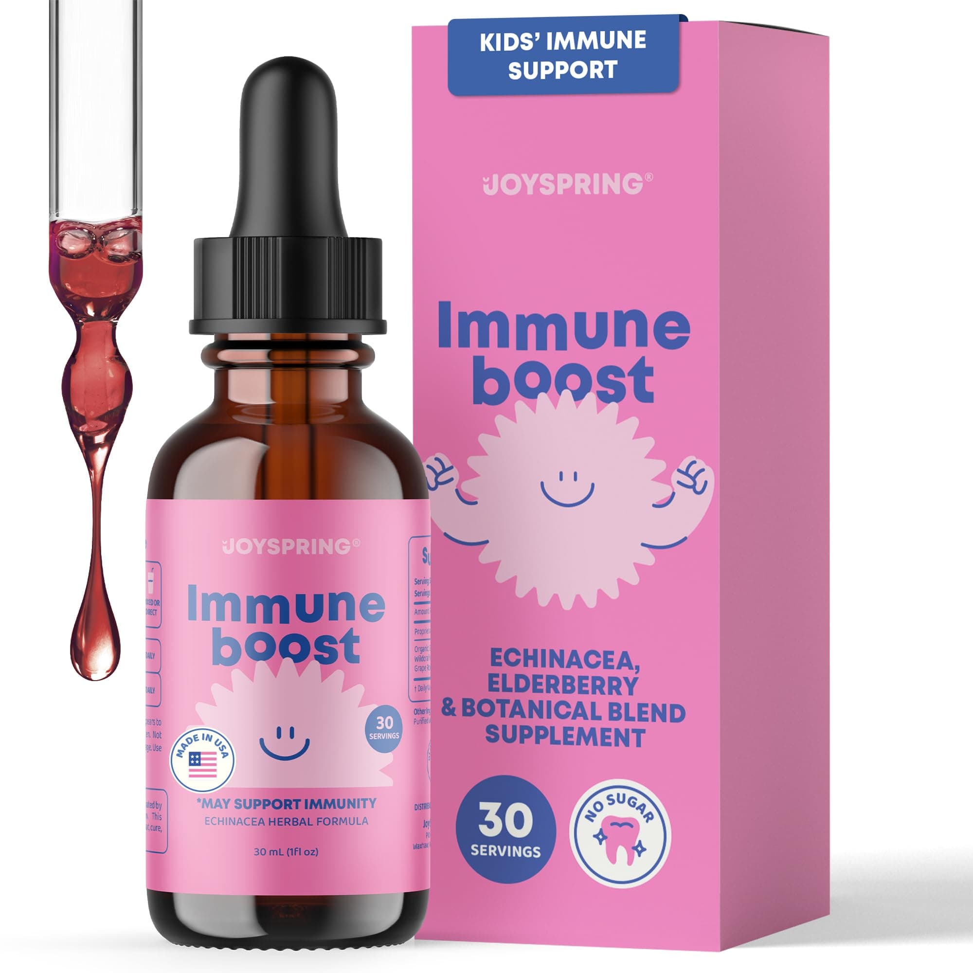 JoySpring Immune Drops - Kids’ Immunity Support Supplement (1 fl oz, 30 Servings) with Organic Elderberry Liquid, Echinacea, Oregon Grape Root & Orange Peel for Ages 2-16+ Years and Adults