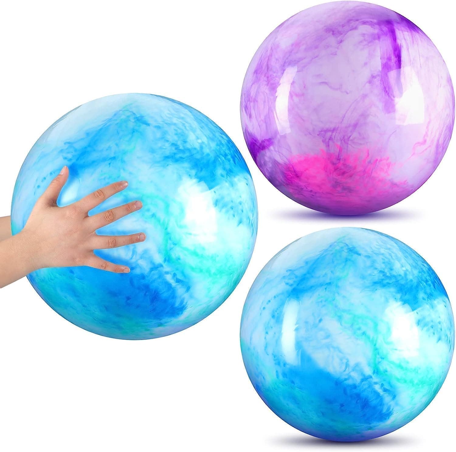 ChicAbode 2 Pcs 15 Inches Marbleized Bouncy Balls, Large Size Ball Inflatable Rubber Playground Sensory Balls Bouncy Toys Balls, for Kid Adults Pet Outdoor School Water(Blue and Purple)