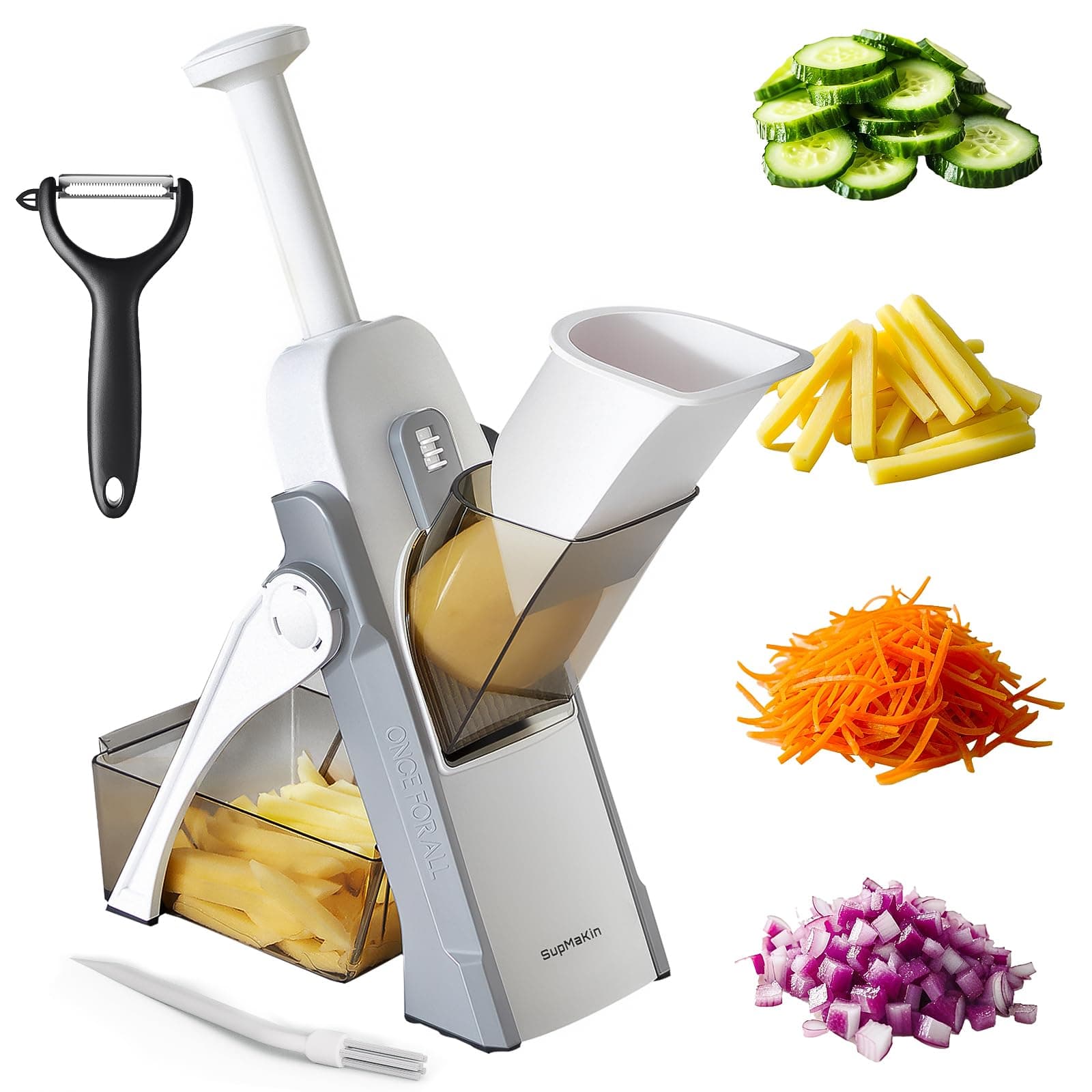 SupMaKin Safe Mandoline Slicer, Upright Vegetable Potatoes Slicer Chopper, Julienne + Dicer, Thickness Adjuster for Kitchen Fast Meal Prep -Brown