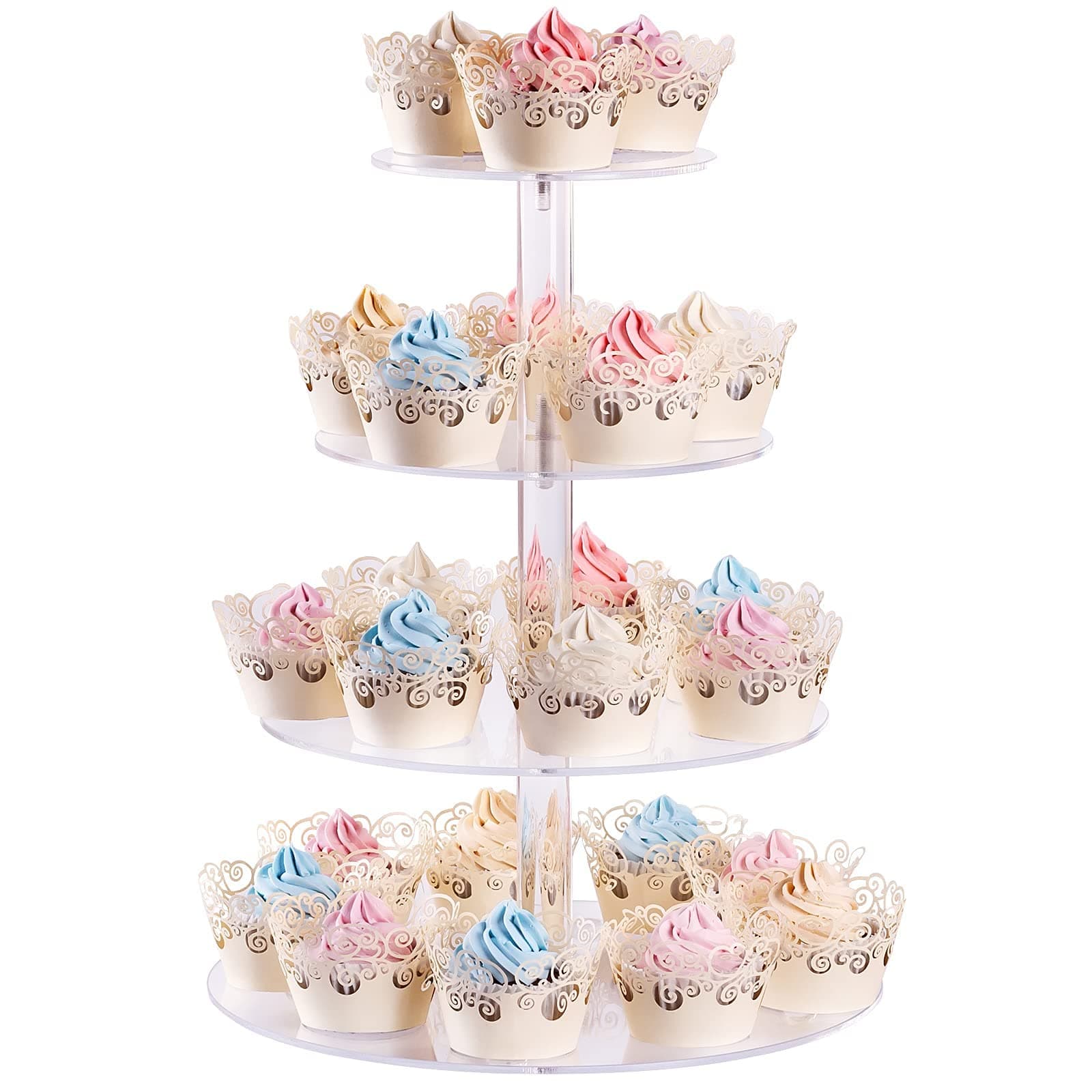 AMEITECH 4-Tier Round Acrylic Cupcake Display Stand Dessert Tower Pastry Stand for Wedding Birthday Theme Party (Transparent)