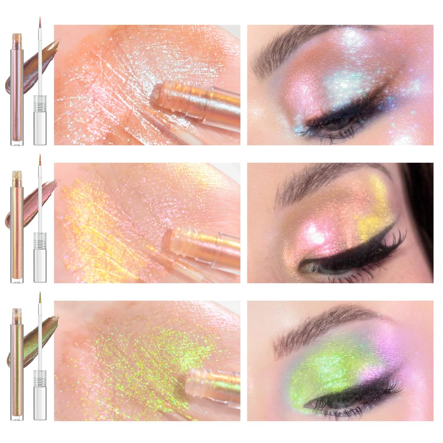 JUR MORNIER Multichrome Liquid Eyeshadow Set,3 Colors Multi-Dimensional Eye Liner Makeup,High Pigment Waterproof Metallic Eye Shadow,Ultre Fine Tip Glitter Eyeshadow (04 wonder+05 sunrise+06 dusk)