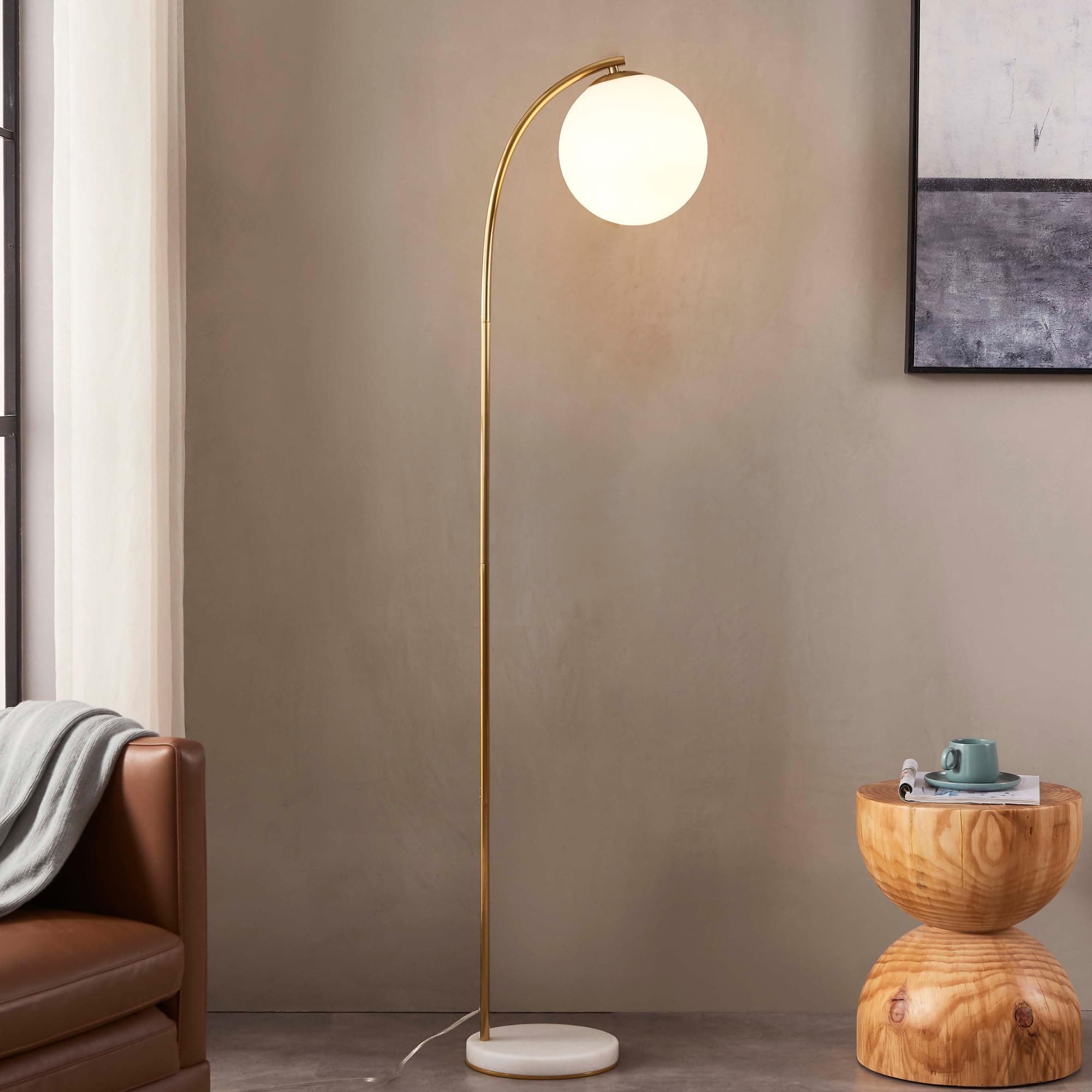 Luna Drop 75 in. Antique Brass Modern 1-Light LED Energy Efficient Floor Lamp with Frosted White Glass Globe Shade FL-LNDRP-BRS