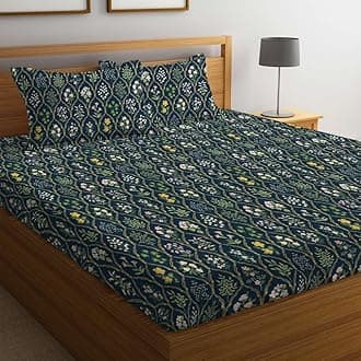 LOOMLYFE 300 TC Cotton Feel Glace Cotton Elastic Fitted Printed King Size Double Bed Bedsheet with 2 Pillow Covers Fits Upto 8 inches Mattress, Size- 72X78 Inches, NavyJaipuri