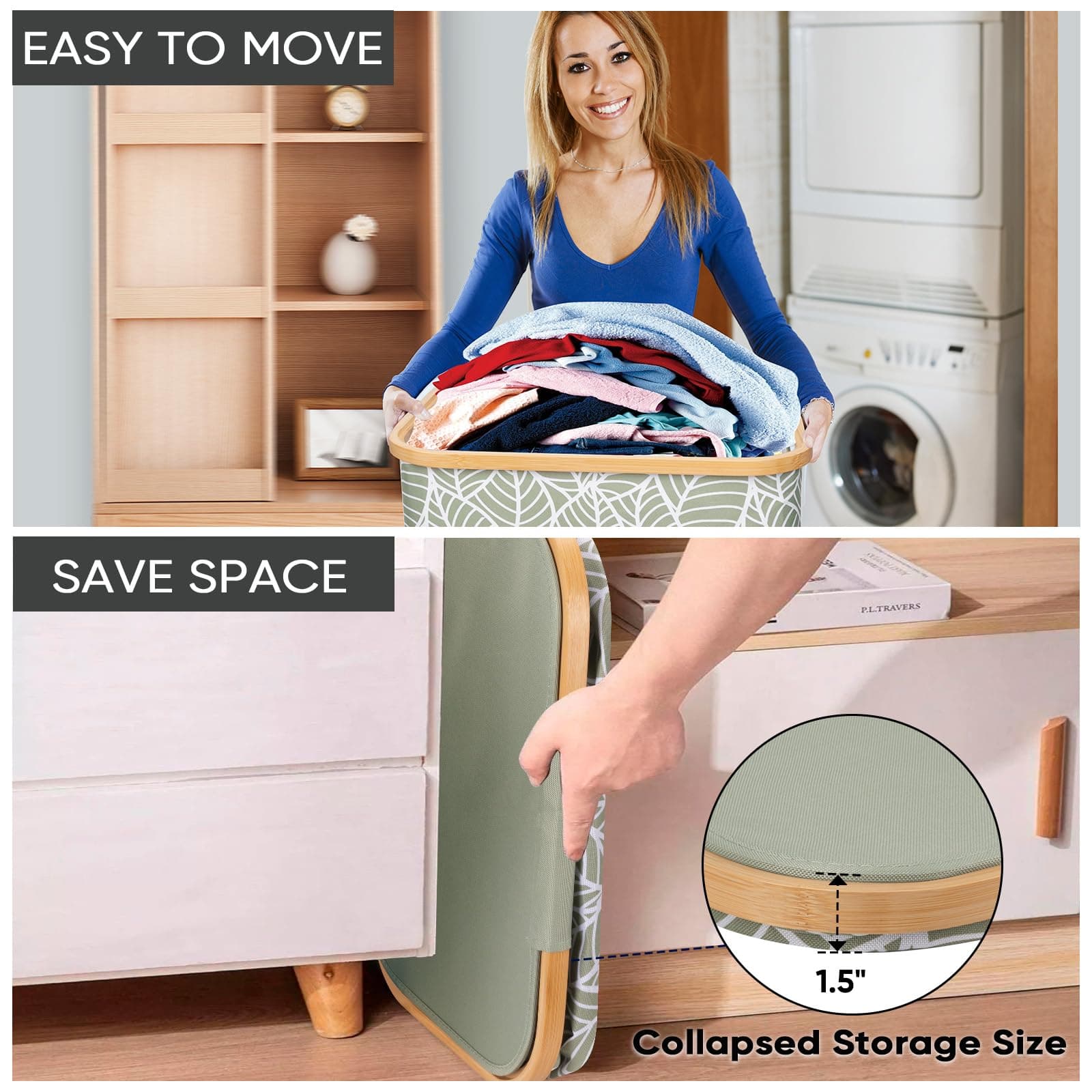 BALEINE Laundry Hamper with Lid, Tall Laundry Baskets with Bamboo Pull Handles, Large Laundry Bin with Internal Support (26 Gal/100L, Antique Foliage)