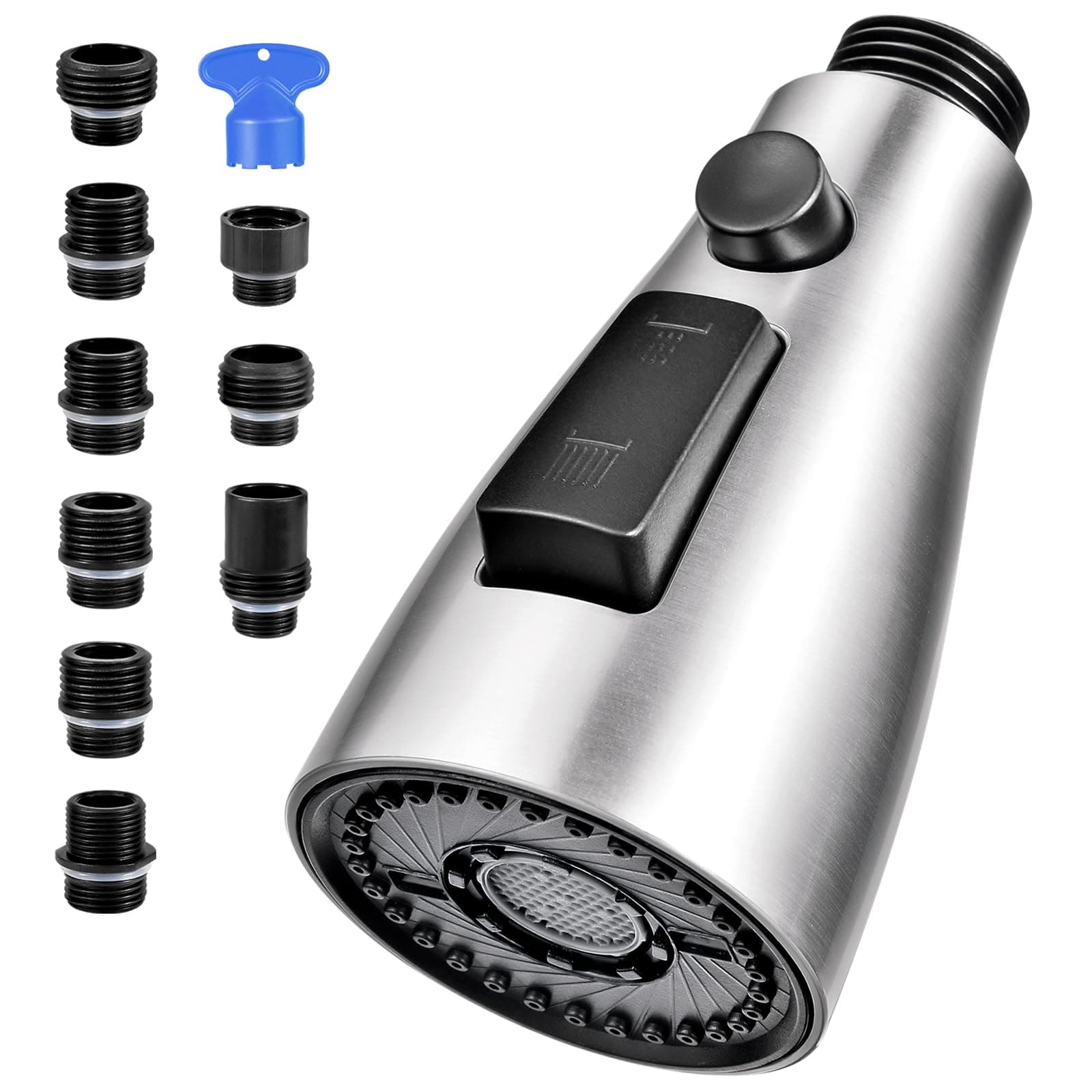 Kitchen Faucet Head Replacement, 3 Function Pull Down Spray Head with 9 Adapters, Kitchen Sink Faucet Head Compatible with American Standard, Moen Faucets, Brushed Nickel (Brushed Nickel)