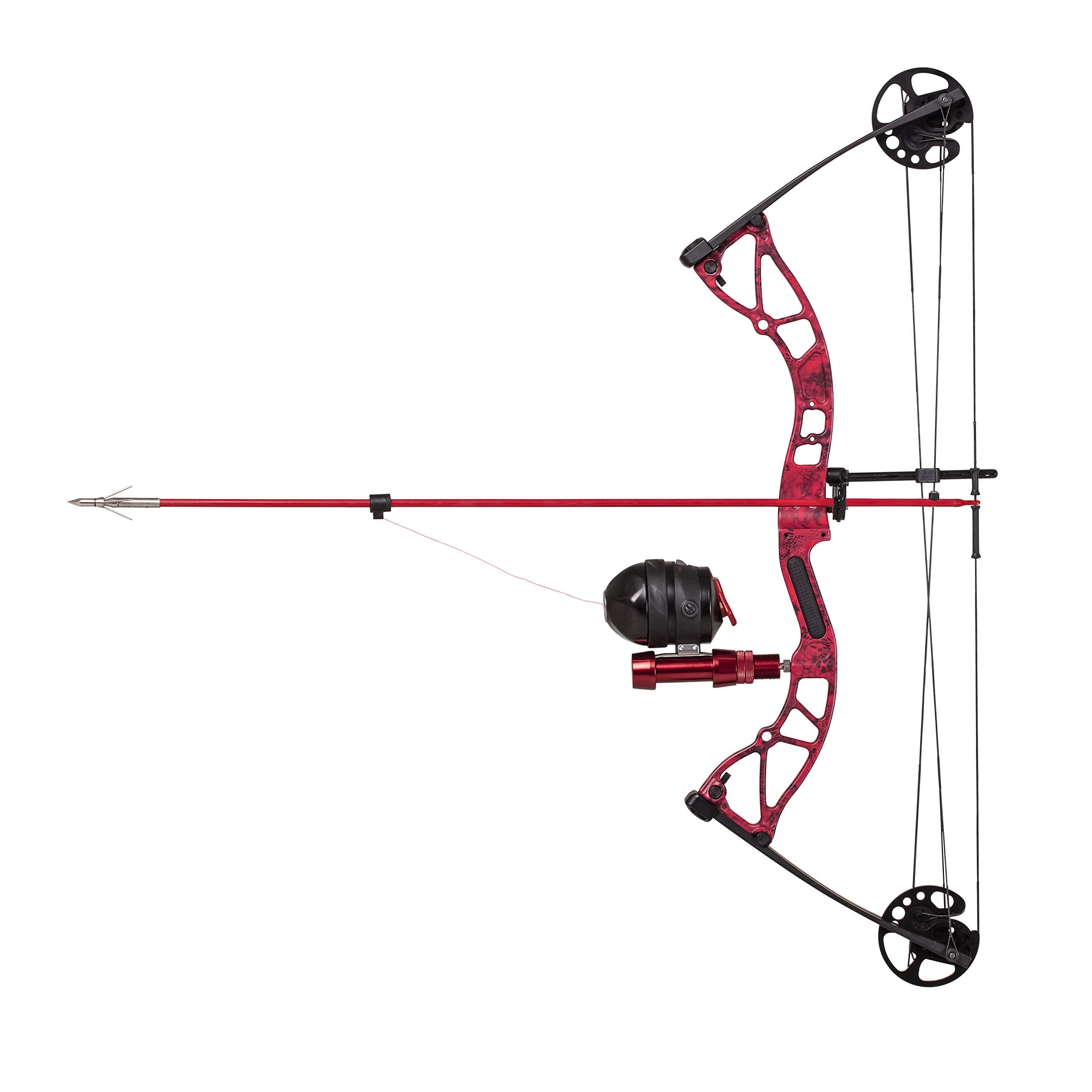 Cajun Bowfishing Shore Runner Kit Compound Bowfishing Bow Ready to Fish Kit with Arrow Rest, Bowfishing Reel, Reel Seat, Blister Buster Finger Pads, Fiberglass Arrow, Red/Black