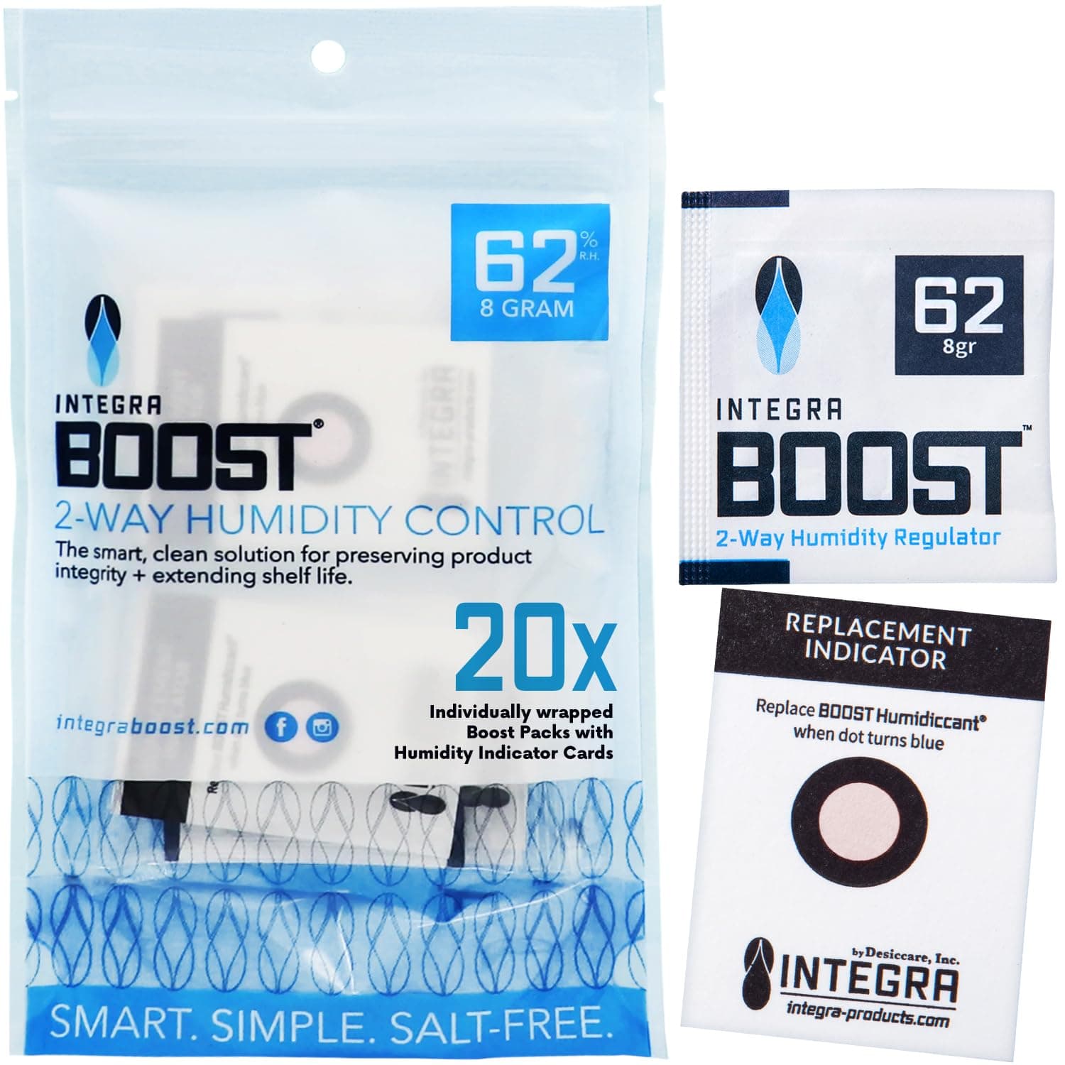 Integra Boost 2-Way Humidity Control Pack - Preserve Flavor & Control Humidity at 62% RH - Moisture Absorber for Herbs, Spices & More - 8 Gram (Pack of 20)