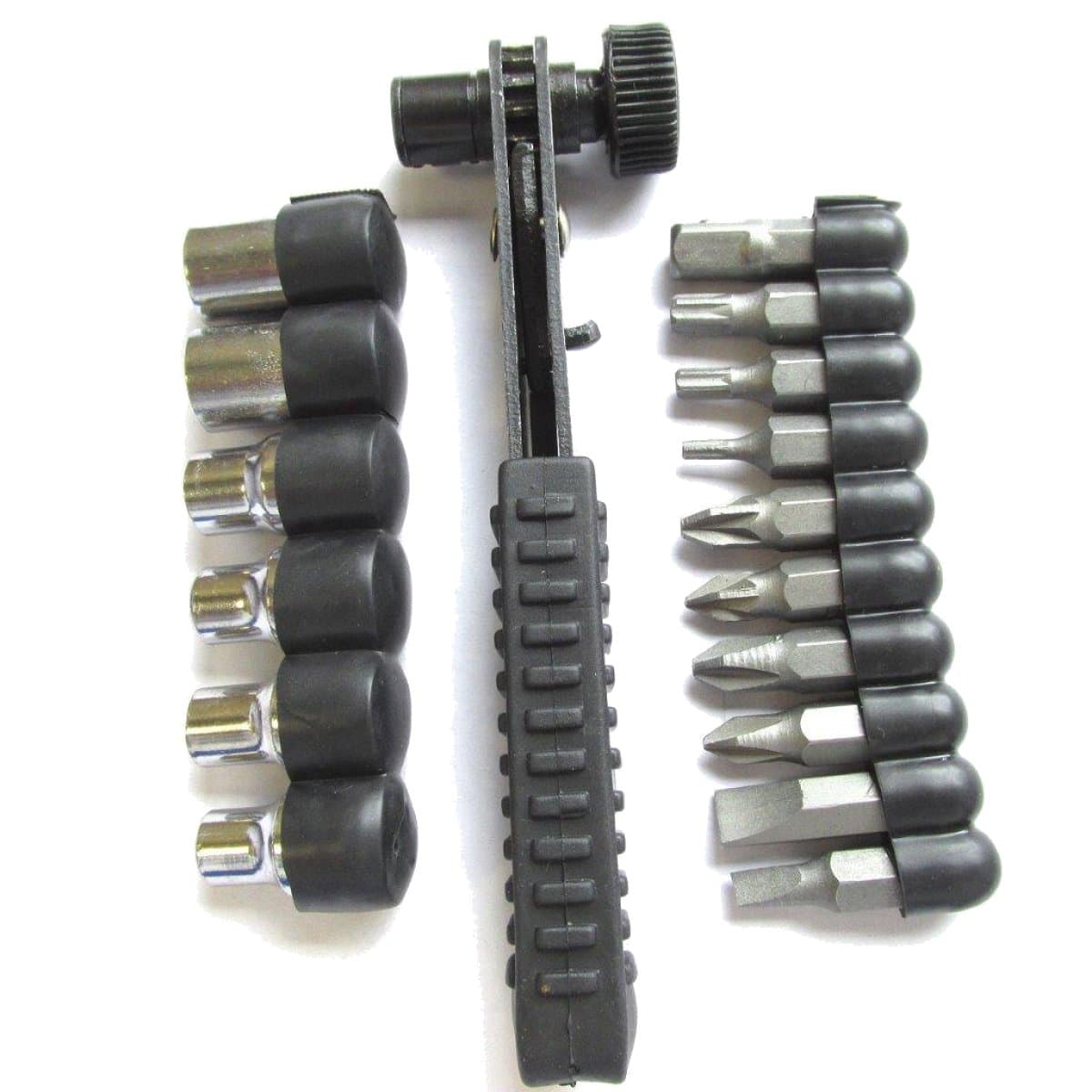 Ratcheting Screwdriver and Socket Wrench Set with Low Profile Handle and Right Angle Design