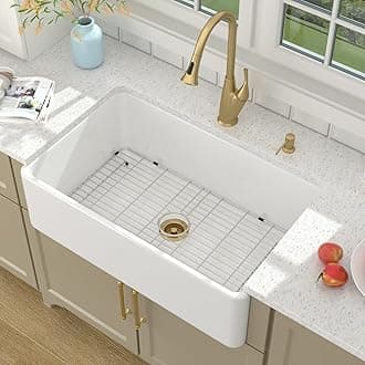 Lordear 33 Inch White Farmhouse Sink Apron Front Reversible Solid Fireclay 33x20x10 Farm House Farmers Farm Style Sinks with Gold Drain