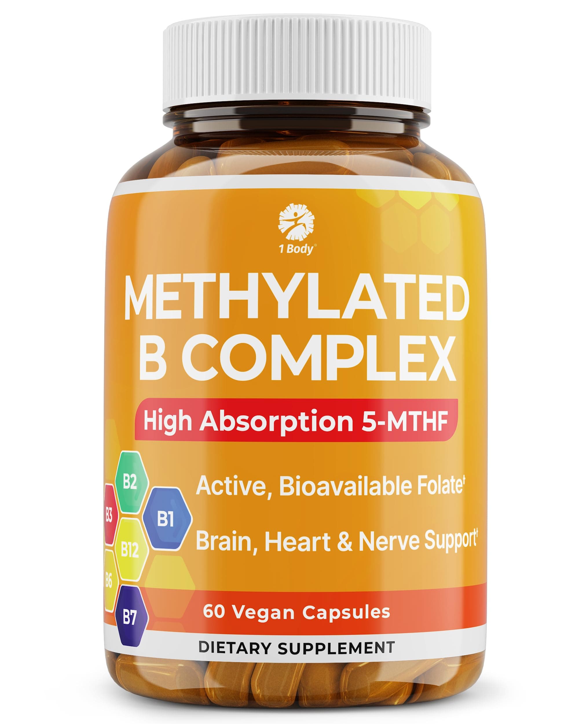 1 Body Methylated B Complex with 5-MTHF & Methyl B12 (Methylcobalamin) – Vitamin B Complex for Women & Men – Bioactive B Vitamins for Energy Metabolism, Brain Support & Daily Wellness – 60 Capsules