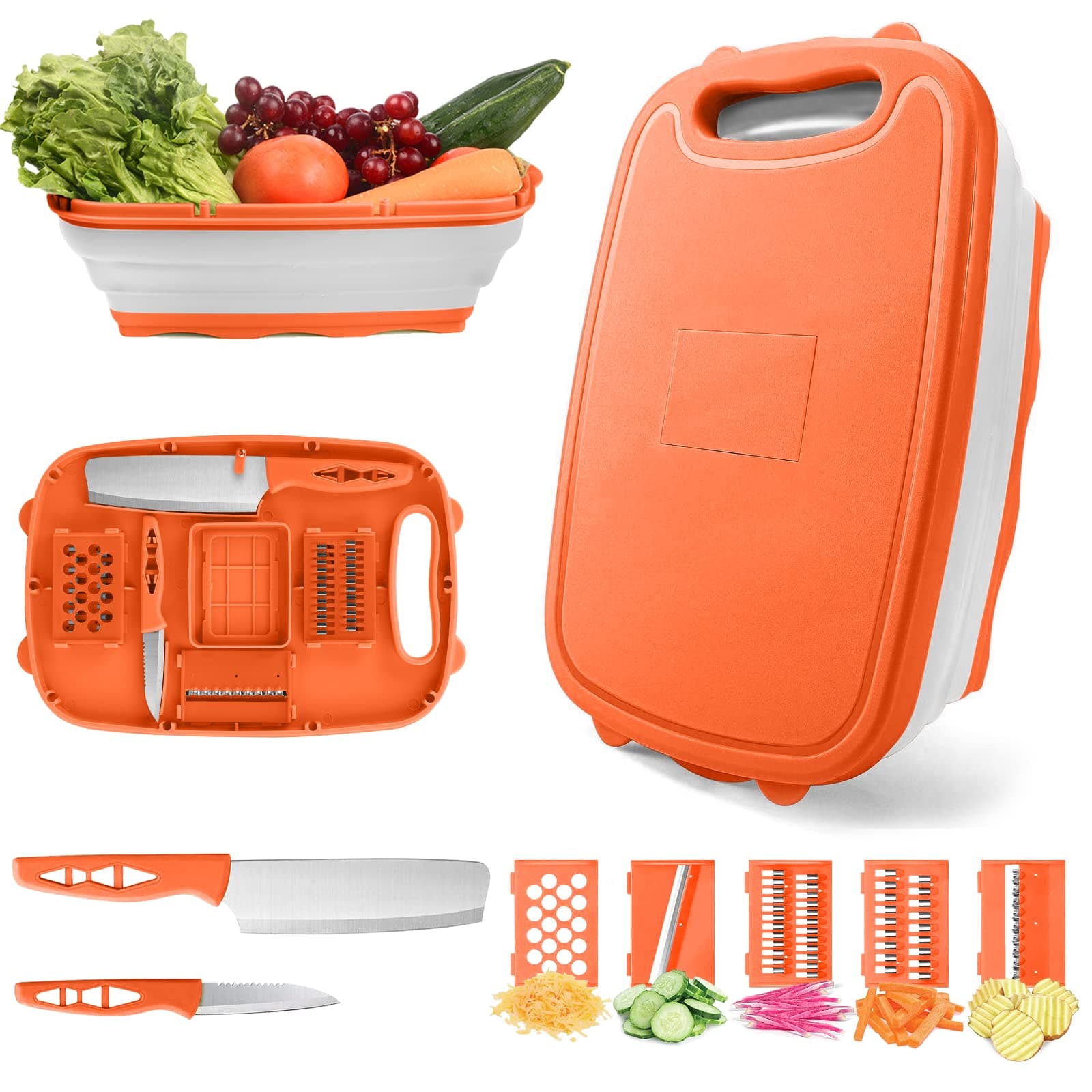Collapsible Cutting Board, HI NINGER Foldable Chopping Board with Colander, 9-In-1 Multi Camping Cutting Board Vegetable Washing Basket Sink Colander Silicone Dish Tub for Camping, Picnic