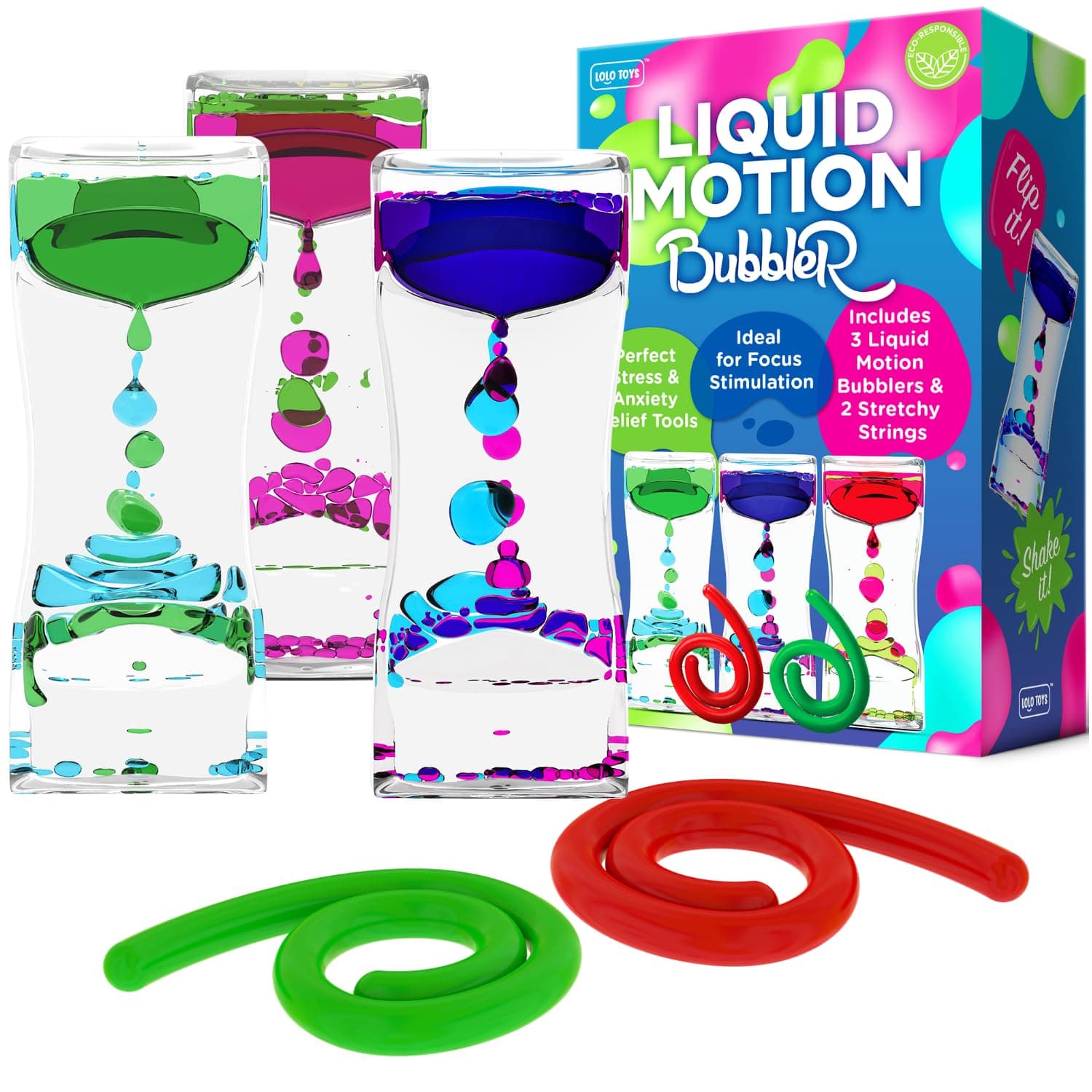 Liquid Motion Bubbler Sensory Toys – 5 Pc Set Bundle Stretchy String Fidget Toys Timer for Stress Relief and Anxiety Relief Great for ADHD Autism ADD Figit