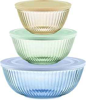 Pyrex Year of Color Sculpted (3-Pack| 1.3 QT, 2.3 QT, 4.5 QT) Tinted Glass Mixing Bowls Set with Lids for Prepping, Baking and Cooking, Preheated Oven, Dishwasher, Freezer, and Microwave Safe
