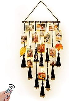 Hanging Photo Display Wall Decor- Picture Frame Collage Photo Holder with Fairy Light Teen Girls Room Decor for Bedroom Boho Home Decor Dorm Decor (Black)