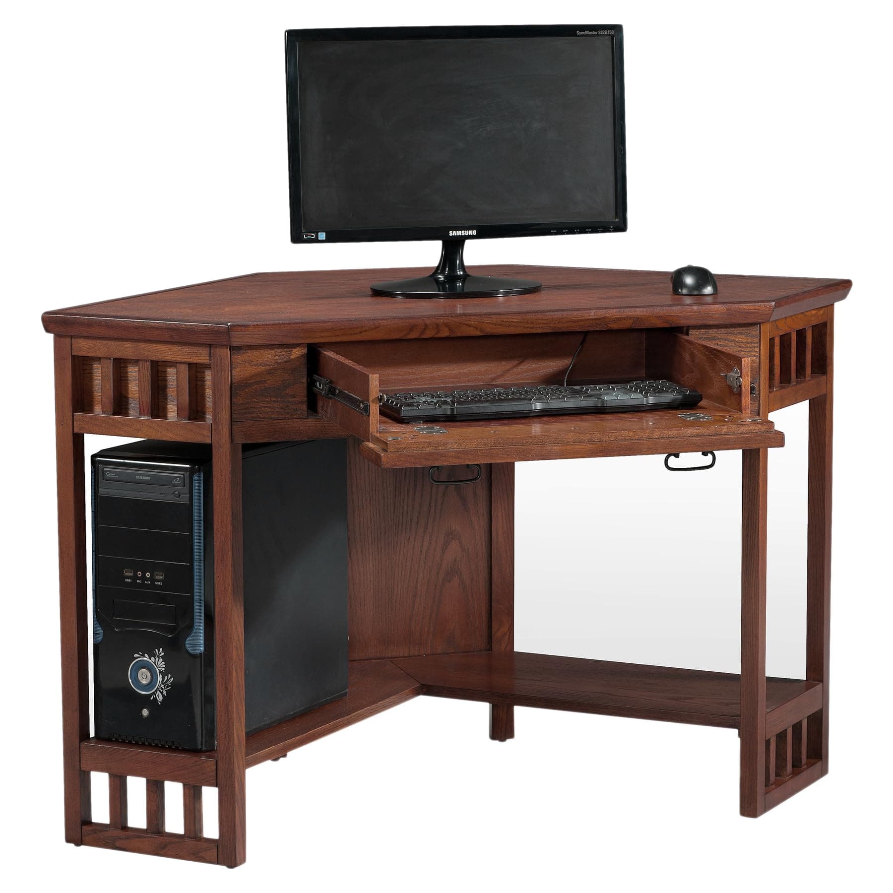 82430 Mission Corner Desk, Writing Computer Desk with Drop Front Keyboard Drawer, for Home Office, Solid Wood, Mission Oak