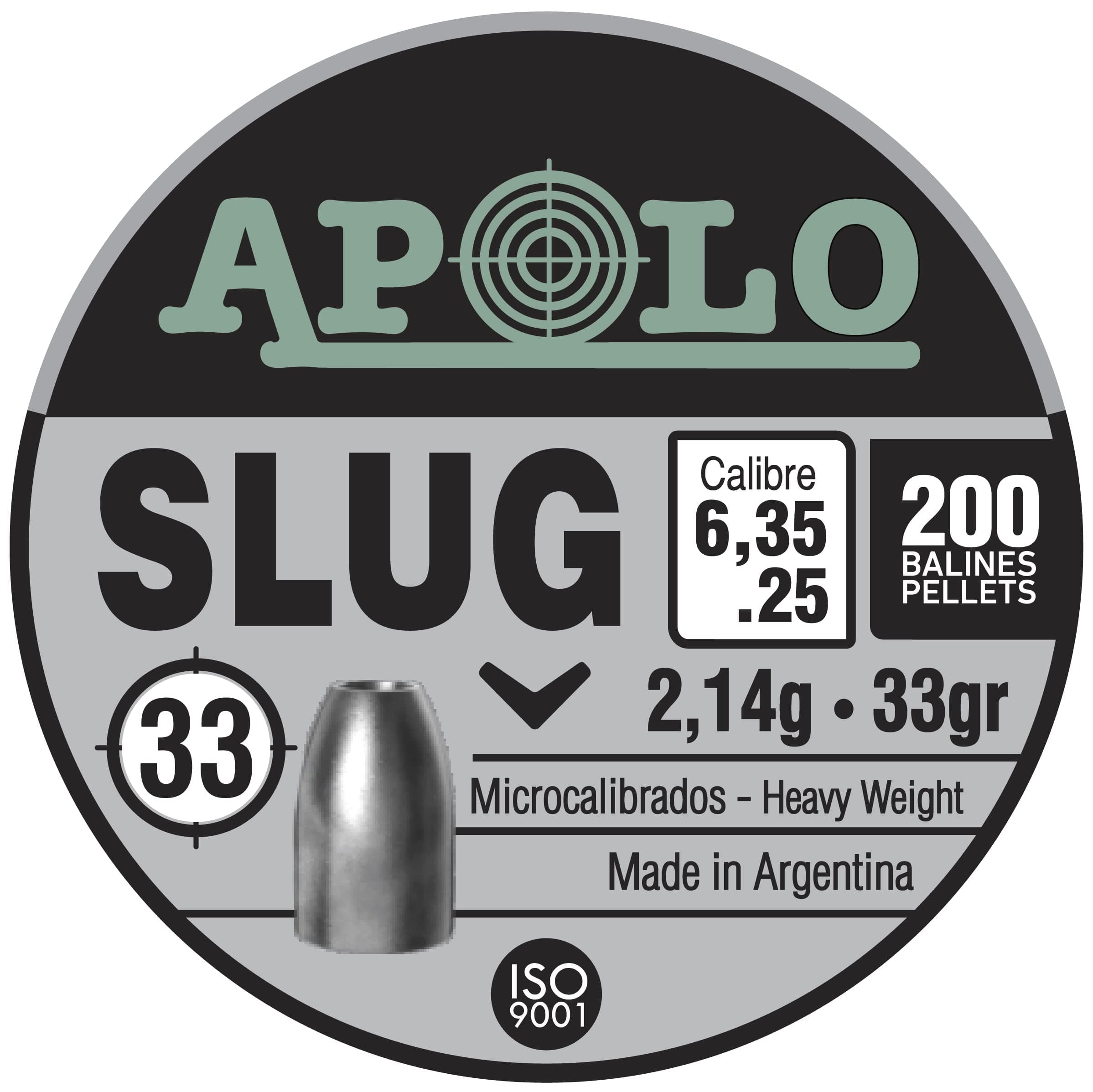 Apolo Slug Airgun Pellets, 6.35mm, 25 Caliber, 33 Grains, E19303 Silver