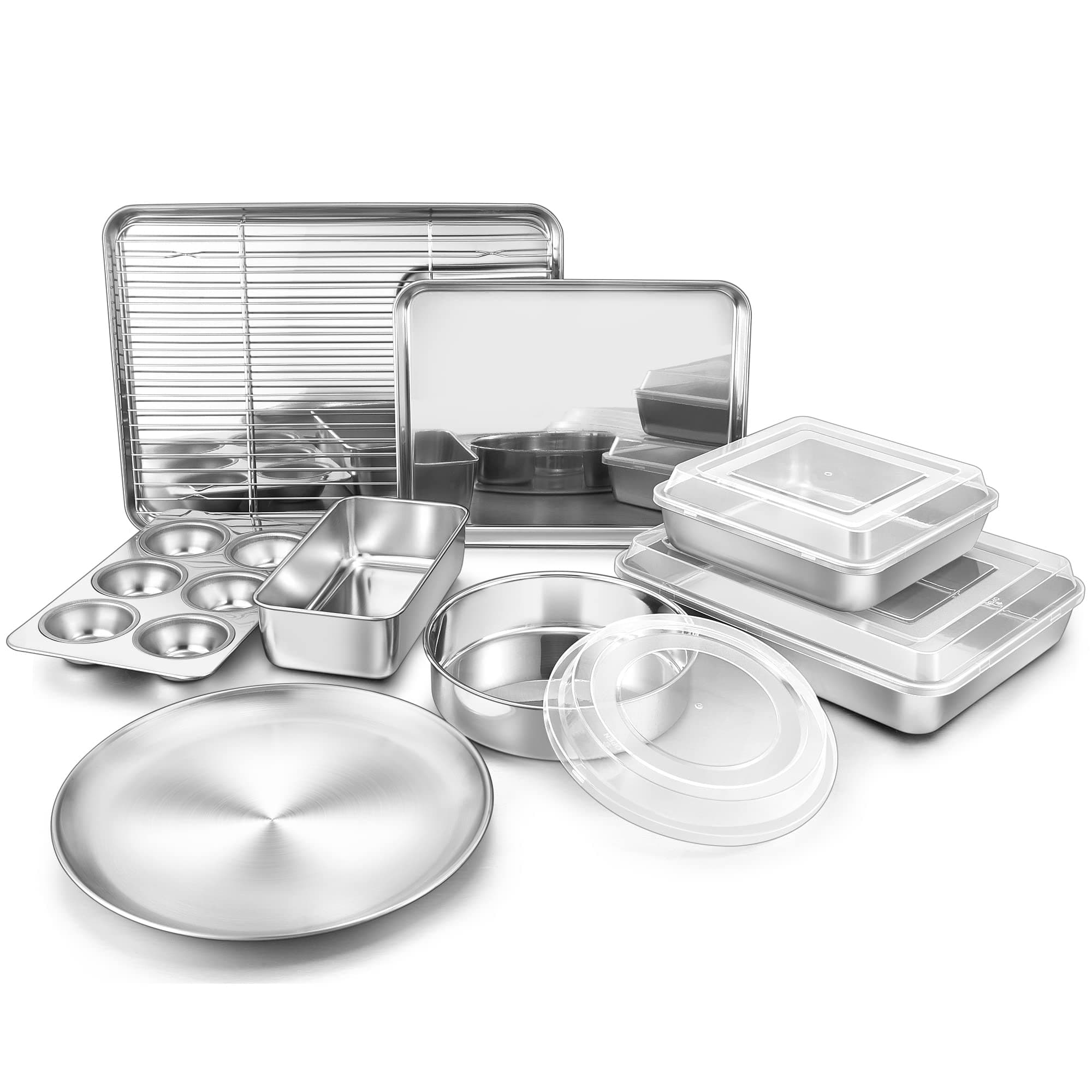 Stainless Steel Bakeware Sets, Baking Sheet with Rack, Toaster Oven Pan & Pizza Pan, Lasagna Pan with Lids, Square & Round Cake Pan with Lids, Muffin & Loaf Pan, Healthy