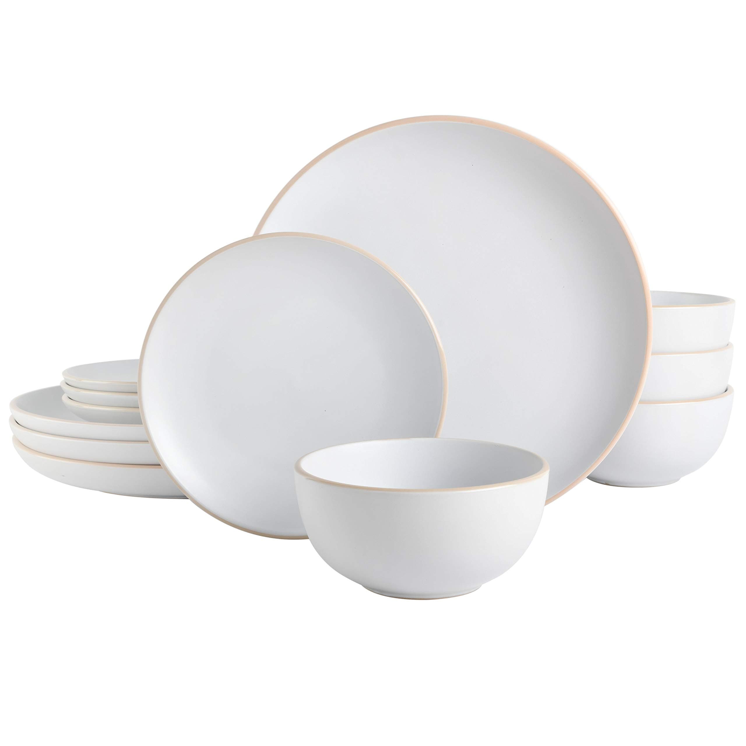 Rockaway 12-Piece Round Stoneware Dinnerware Set, Service for 4 – White Plates and Bowls, Modern Matte Finish, Microwave & Dishwasher Safe