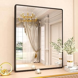 New Upgrade Bathroom Mirror, 40X32 Inch Black Metal Frame Wall Mounted Rounded Rectangle Bathroom Vanity Mirror with Tempered Glass for Washroom Bedroom Living Room