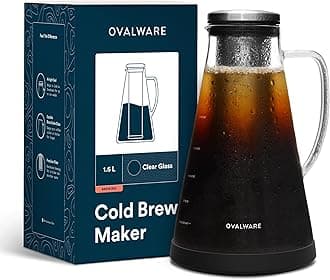ovalware Airtight Cold Brew Iced Coffee Maker (& Iced Tea Maker) with Spout – 1.5L/ 51oz RJ3 Brewing Glass Carafe with Removable Stainless Steel Filter