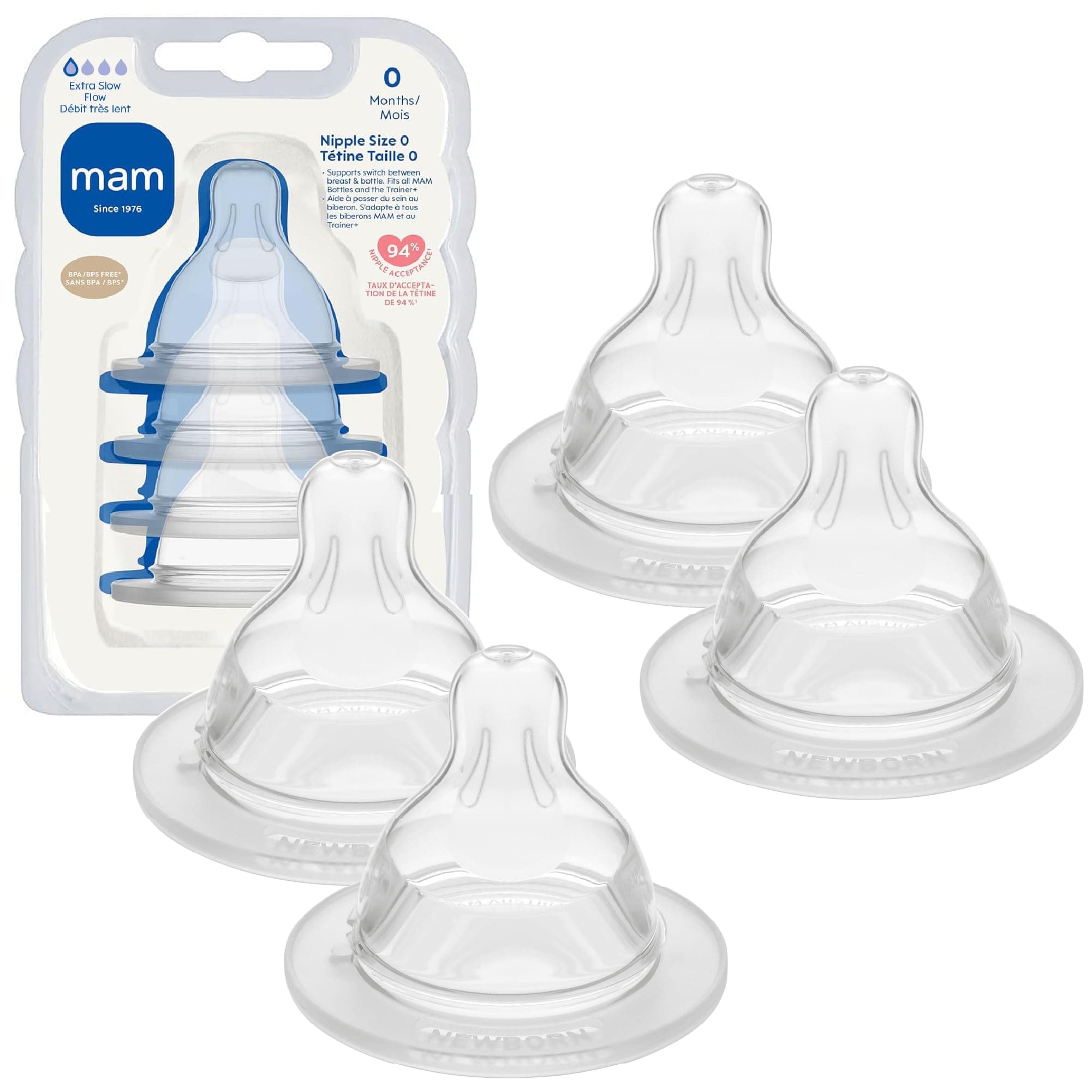 Bottle Extra Slow Flow Size 0, for Newborn Babies and Older, SkinSoft Silicone for Baby Bottles, Fits All MAM Bottles, 4 Count (Pack of 1)