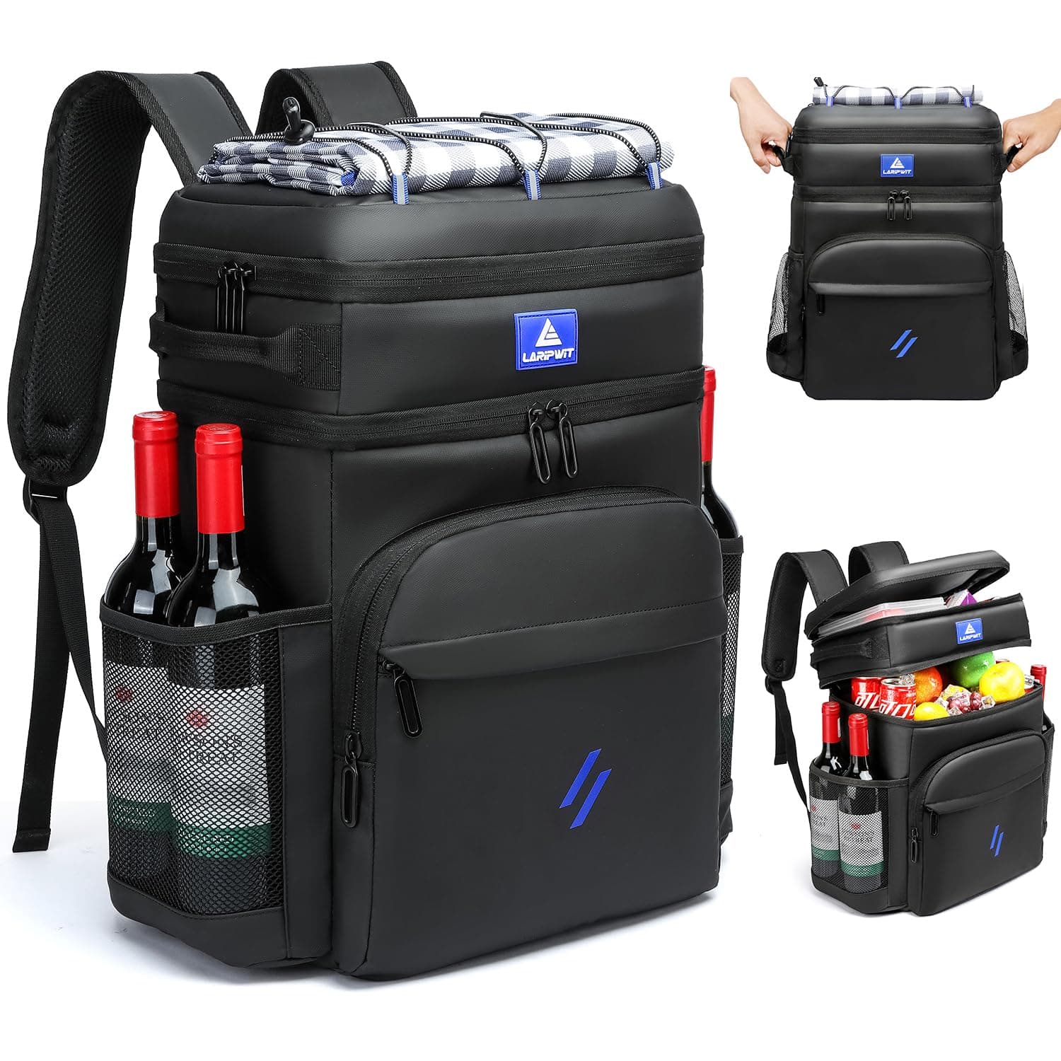 Laripwit Picnic Backpack Cooler Bag - 54 Cans Black Cooler Backpack Insulated Leak-Proof Lunch Backpack with Cooler Compartment Large Double Deck Soft Cooler Bag for Beach,Camping,Travel