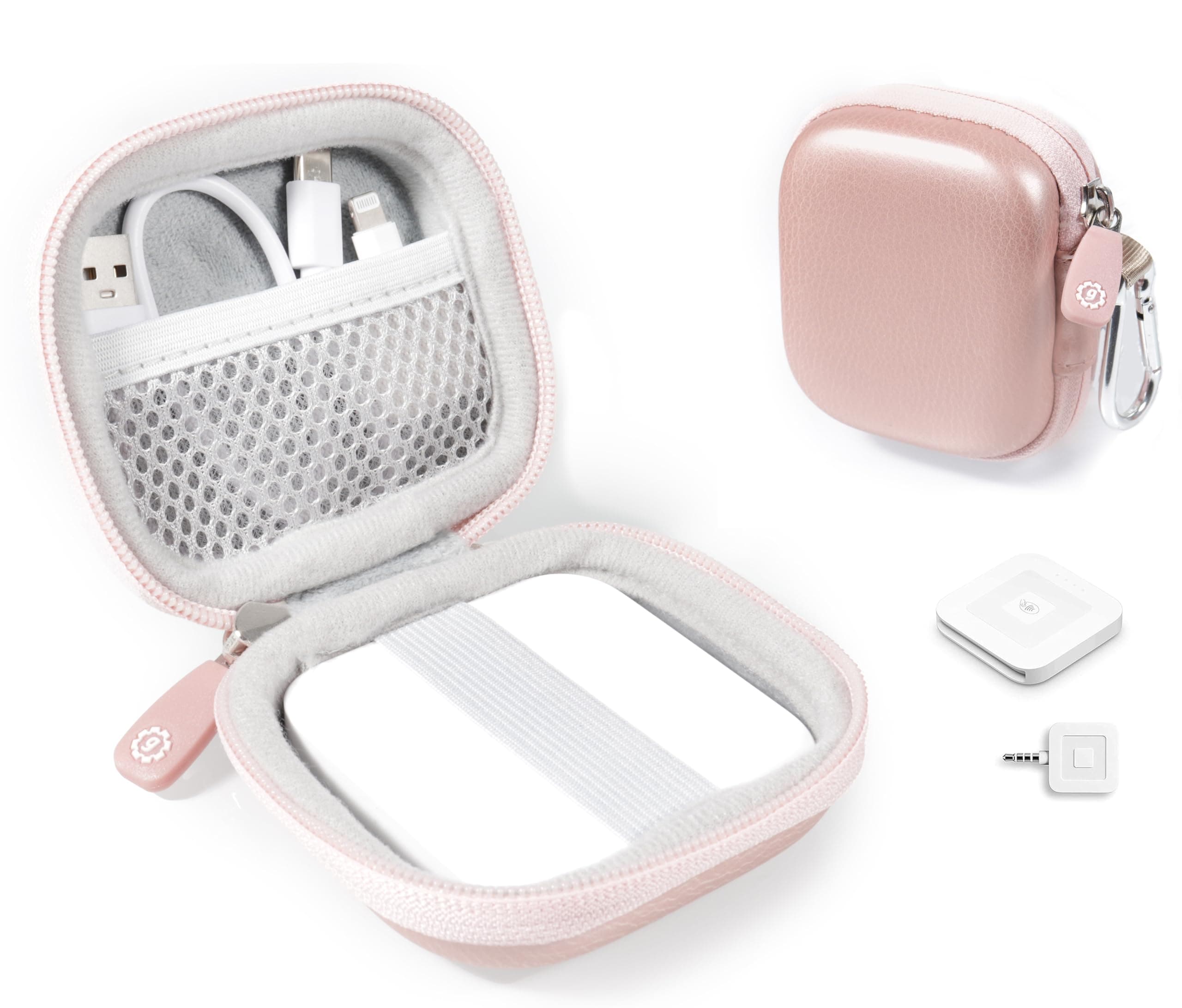 Credit Card Reader Case for Square Contactless and Chip Reader, Chip Reader Scanner, USB Cables and Small Accessories, Mesh Pocket, Secure Elastic Strap, Easy to go Carabiner (Rose Gold)
