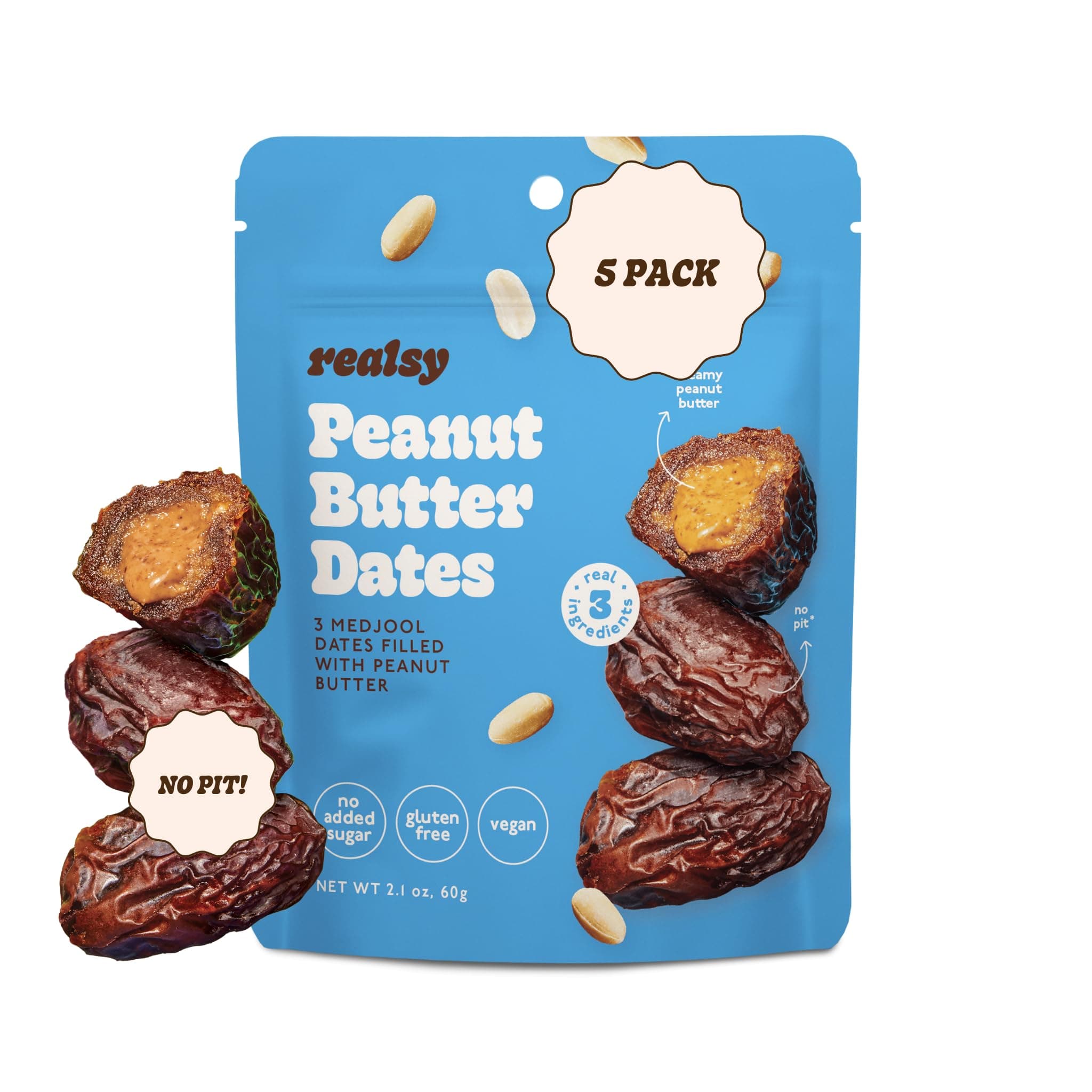 Pitted & Stuffed Medjool Dates, Organic Dates with No Sugar Added, Gluten-Free, Vegan, Good Source of Fiber, Low Glycemic Index, All Natural Healthy Snack (Peanut Butter 5 pack)