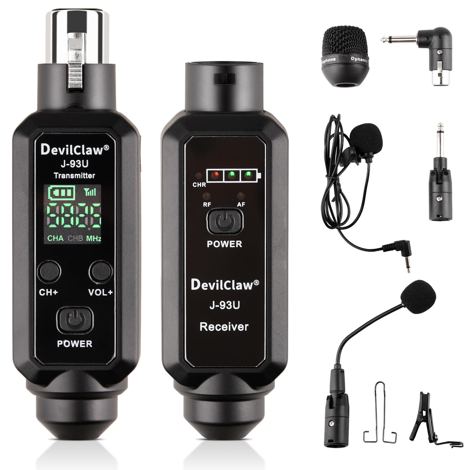 Devilclaw Multifunctional UHF Wireless XLR Adapter System,Transmitter & Receiver for Dynamic Microphones Guitar Mixer PA System, 16 Adjustable Frequencies, USB Charge, 250ft Range (XLR Adapter System)