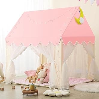 Wilwolfer Pink Kids Play Tent: with Mat and Star Lights - 4 White Lace Door - Girls Playhouse Indoor Toddler Playroom Decor, 240311WF1