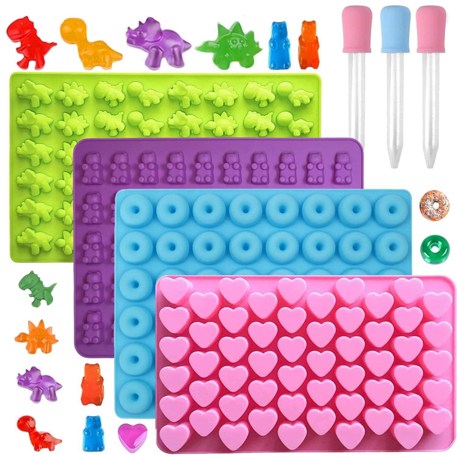 Mini Silicone Gummy Bear Molds (0.7 Inch Bite-Sized) - Non-Stick Chocolate & Candy Mold for Kids, Includes Dinosaur, Bear, Hearts & Donut Shapes (201 Cavities) - 4 Pieces + 3 Droppers By ENBRWAS
