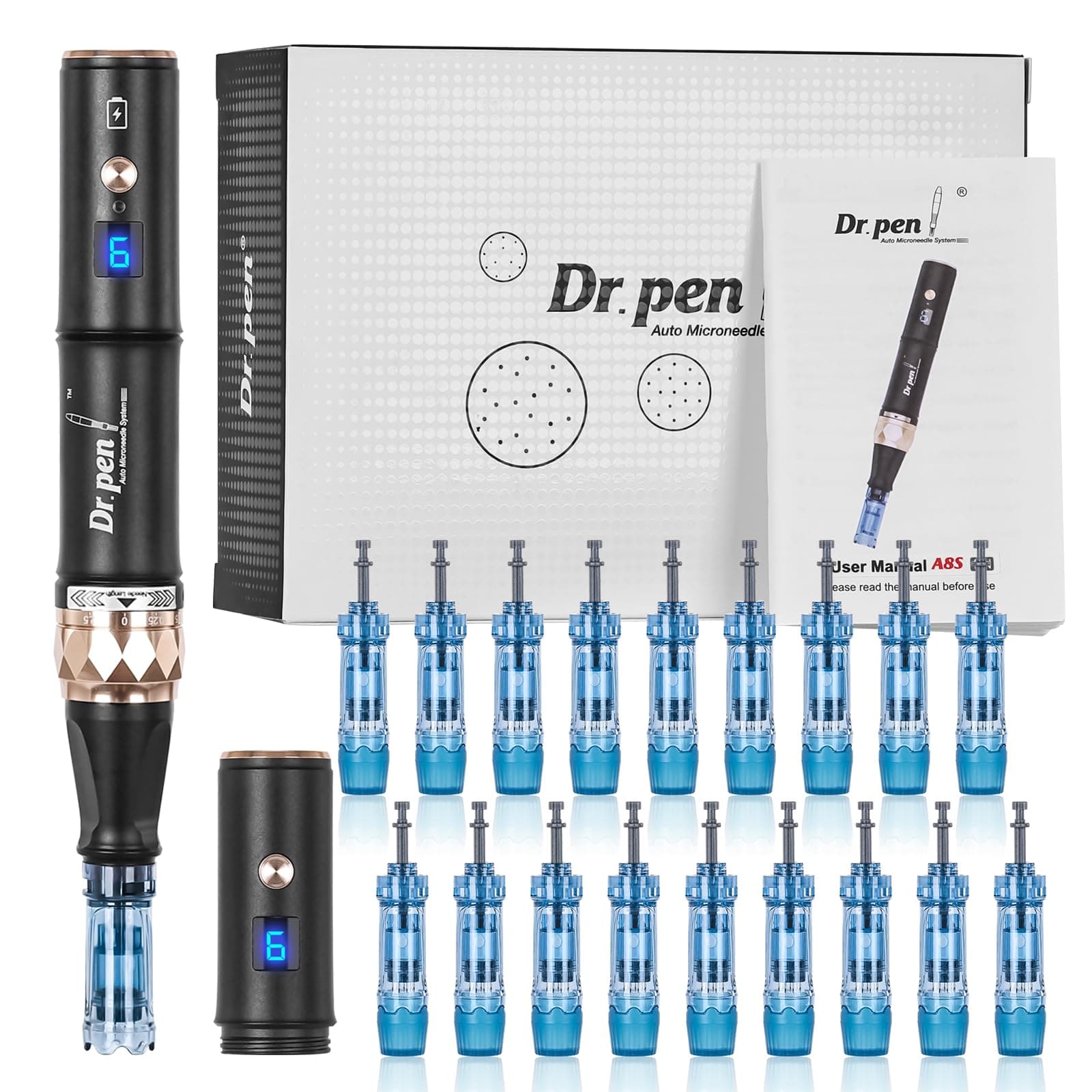 Dr.Pen A8S, Professional Micro Needling Pen with 18 Pcs 12Pin 36Pin Replacement Needle Cartridges Dermapen, Wireless or Wired Mode 2 Mudules Derma Pen, 6 Speed Levels and 0-2.5 mm Depth Adjustable
