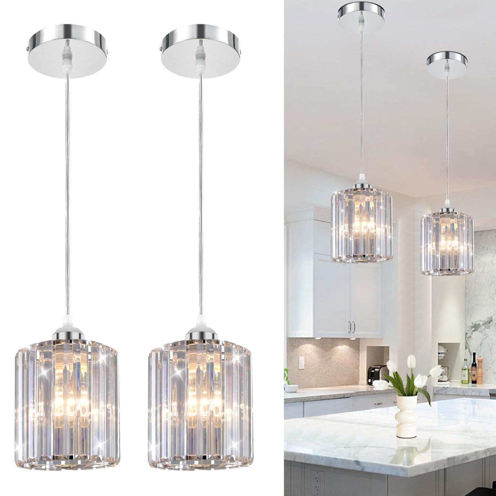 TISLYCO Crystal Pendant Lights - Kitchen Island Lighting, Mini Crystal Chandelier for Living Room, Dining Room, Hallway, Bar - 2 Pack - Silver