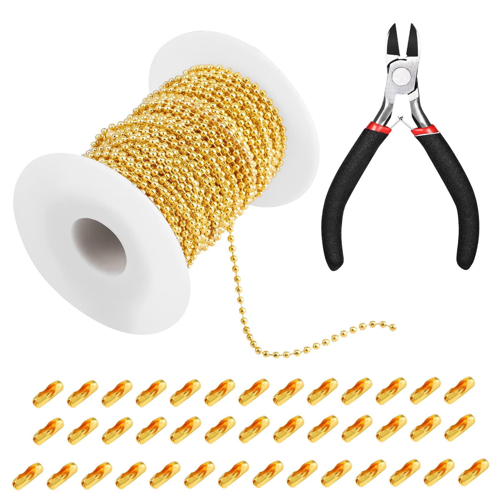 Mudder 65 ft Ball Necklace Chains, 2. 4mm Bead Link Dog Tag Chain Roll with 40 Ball Connectors and Plier for Necklace Hanging Ornament Key Chain Dog Pet Tags(Gold)